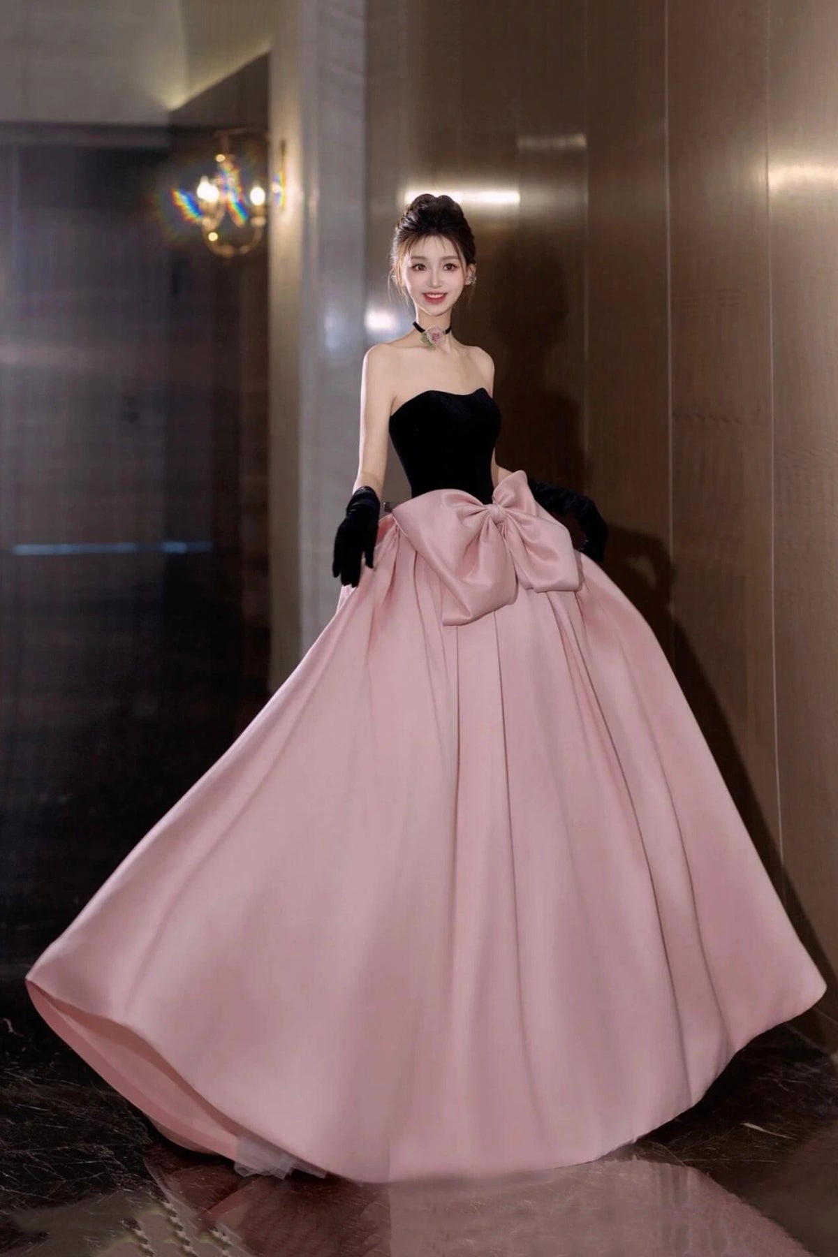 Beautiful Princess Dress A-Line Strapless Black Velvet and Pink Satin Long Prom Dress