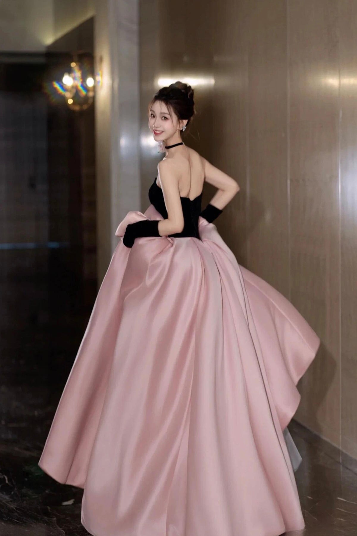 Beautiful Princess Dress A-Line Strapless Black Velvet and Pink Satin Long Prom Dress
