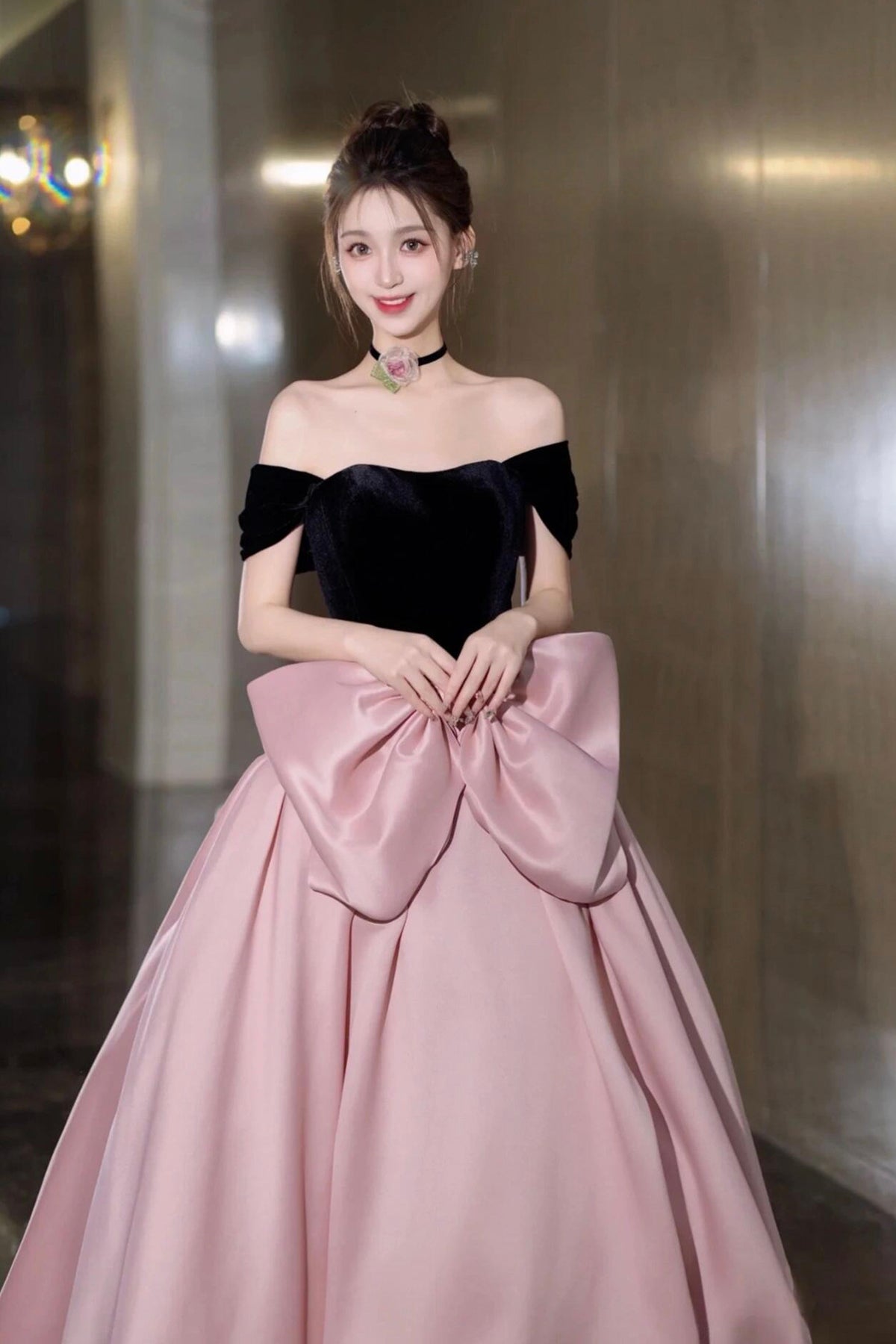 Beautiful Princess Dress A-Line Strapless Black Velvet and Pink Satin Long Prom Dress