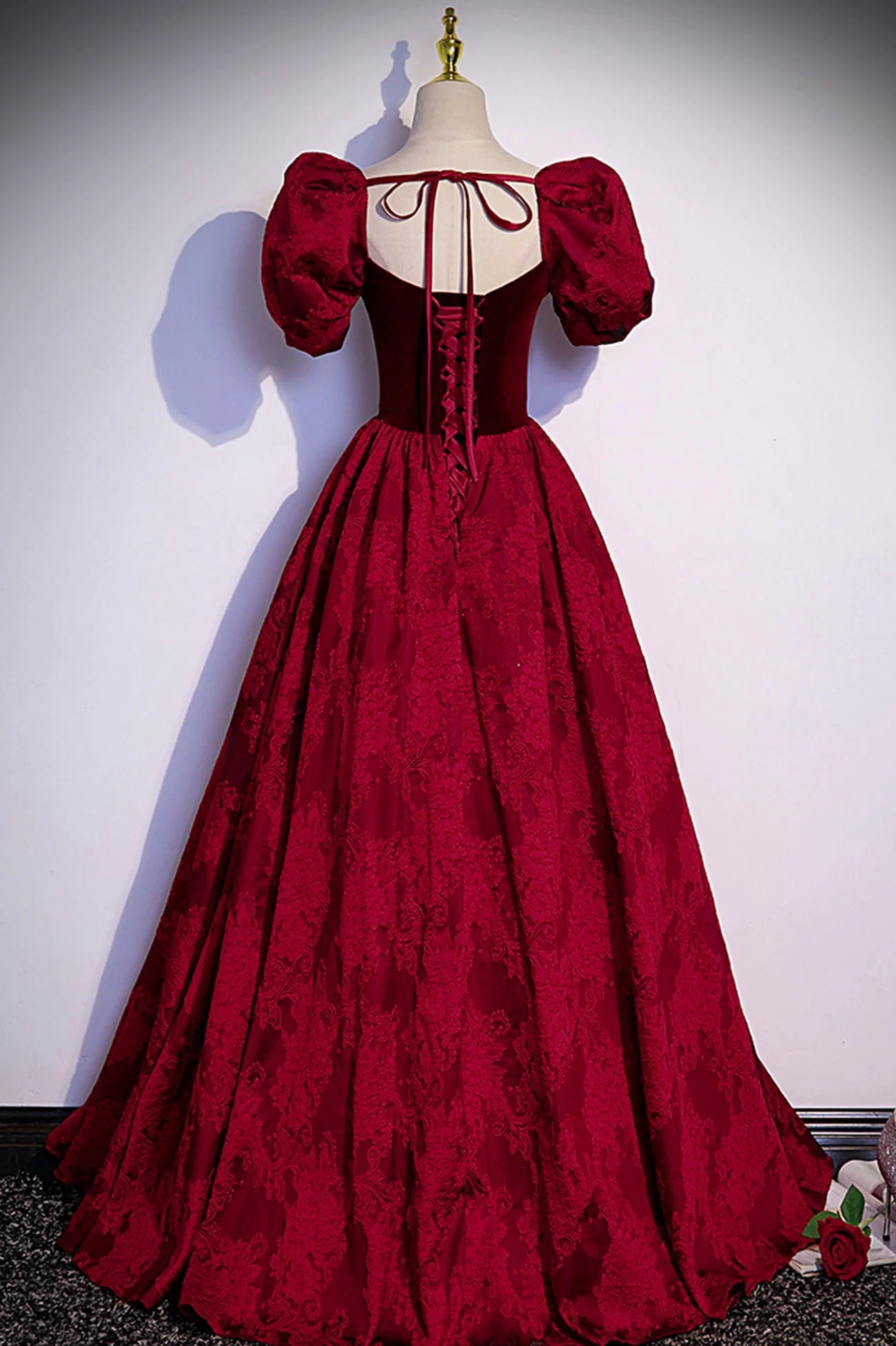 Long Formal Dresses Burgundy Velvet and Floral Pattern Evening Prom Dresses