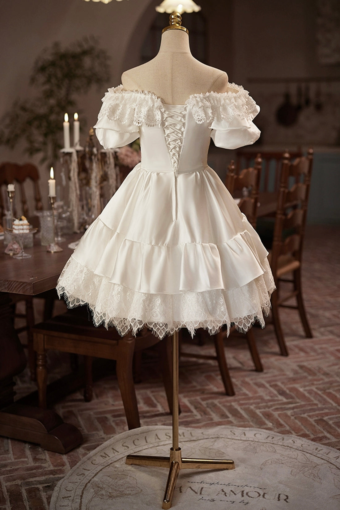 French Short Prom Dress White Homecoming Dress Off Shoulder Lace Cocktail Party Dress