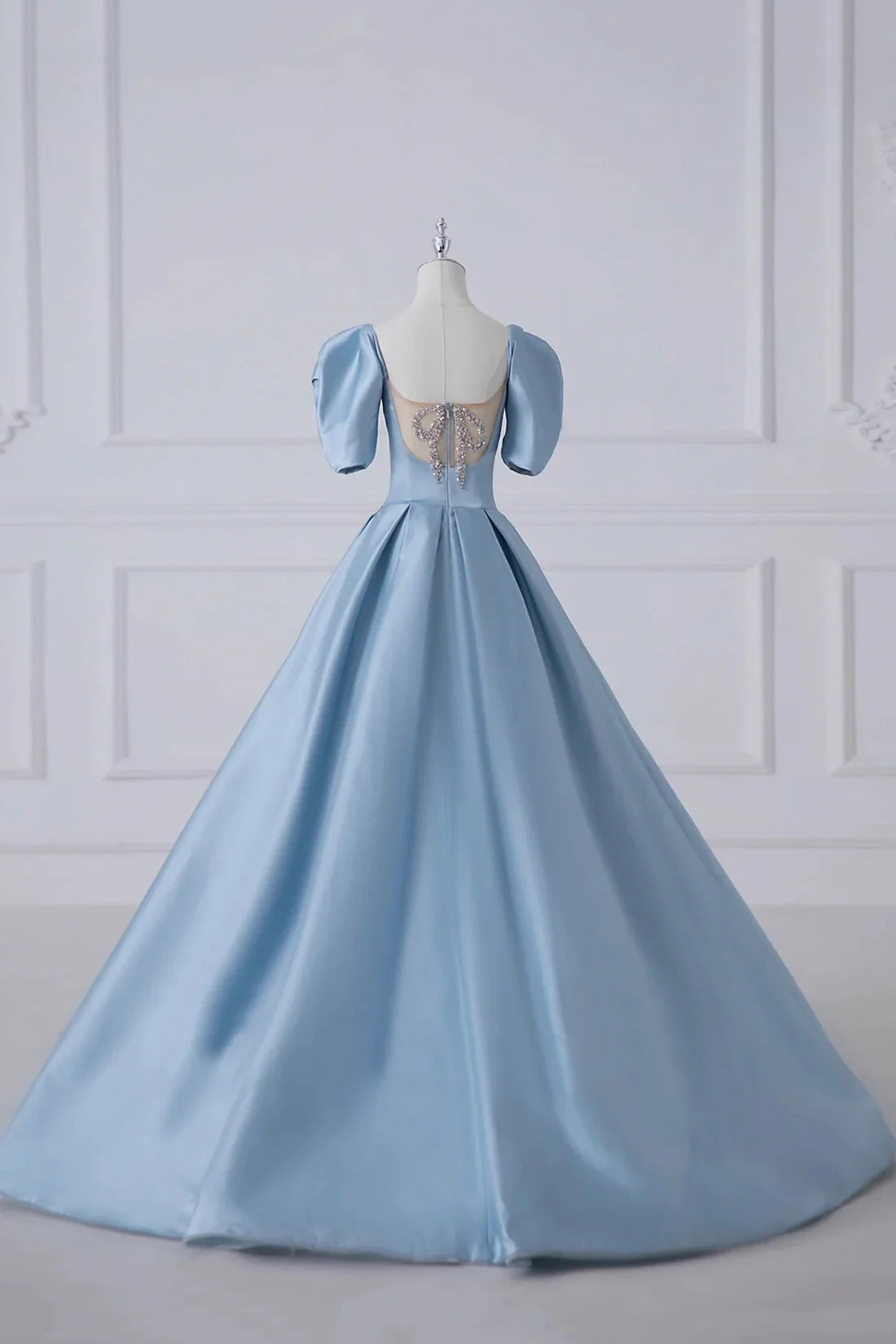 Elegant Empire Short Sleeve Floor Length Prom Dress Blue Satin Formal Party Dress
