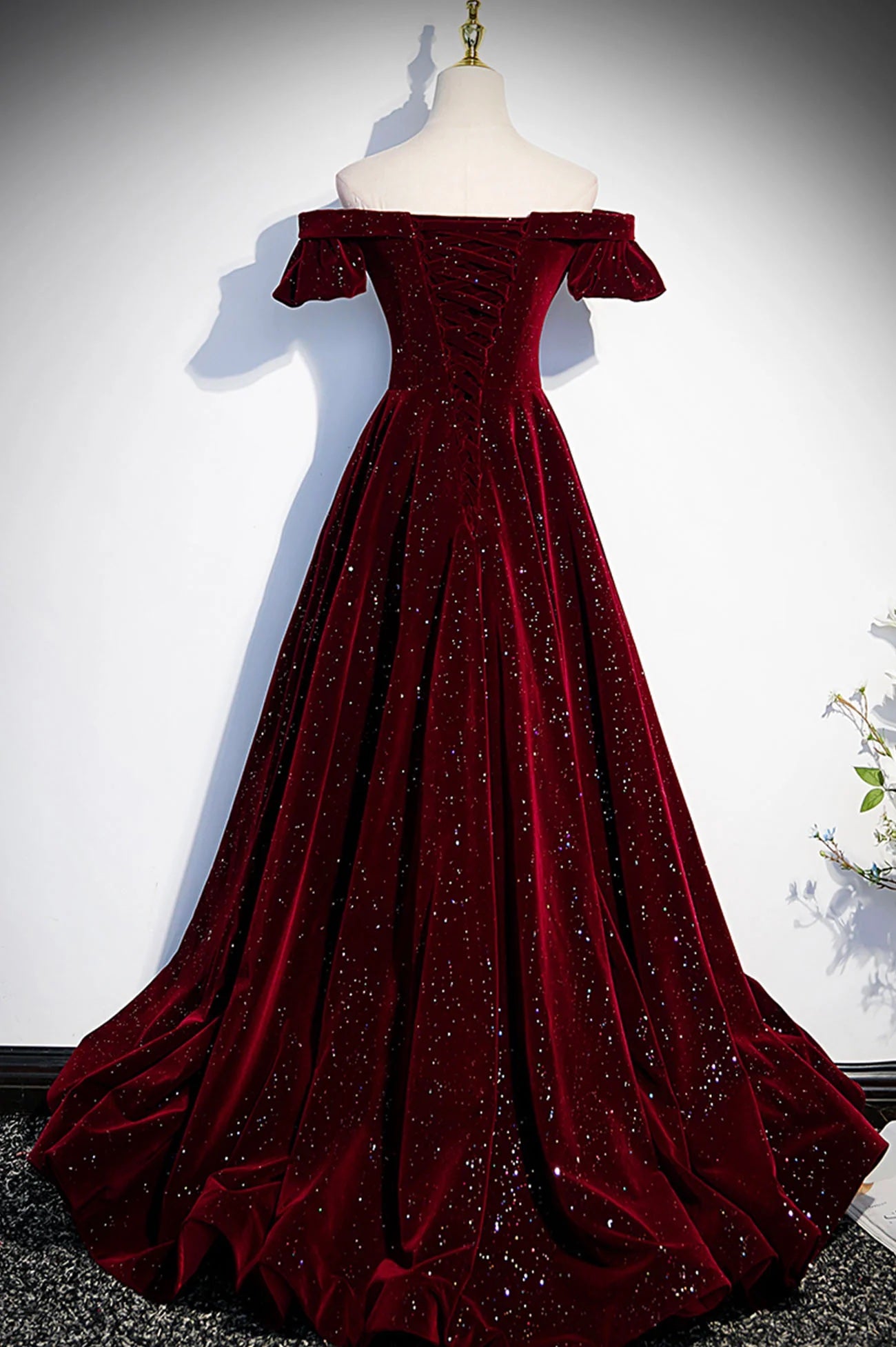 Off the Shoulder Velvet Floor Length Burgundy Prom Dress A-Line Lace Up Formal Dress