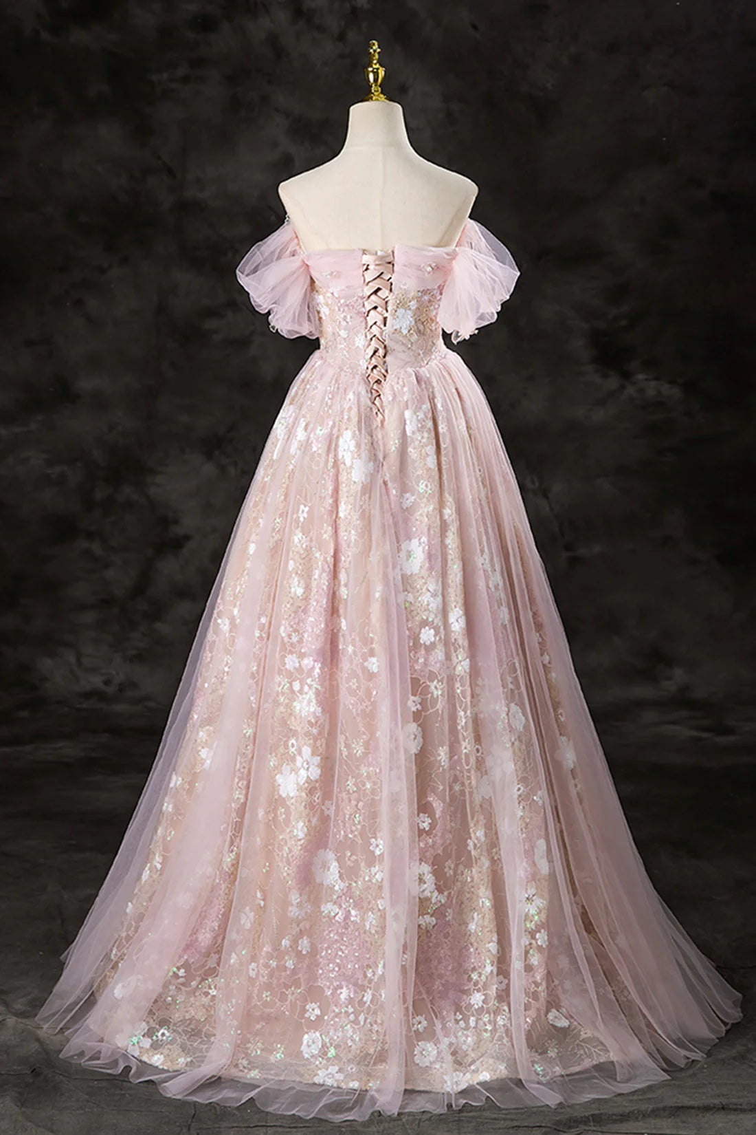 Luxury Pink Princess Formal Evening Dress Off Shoulder Lace Sweet 16 Birthday Party Gown