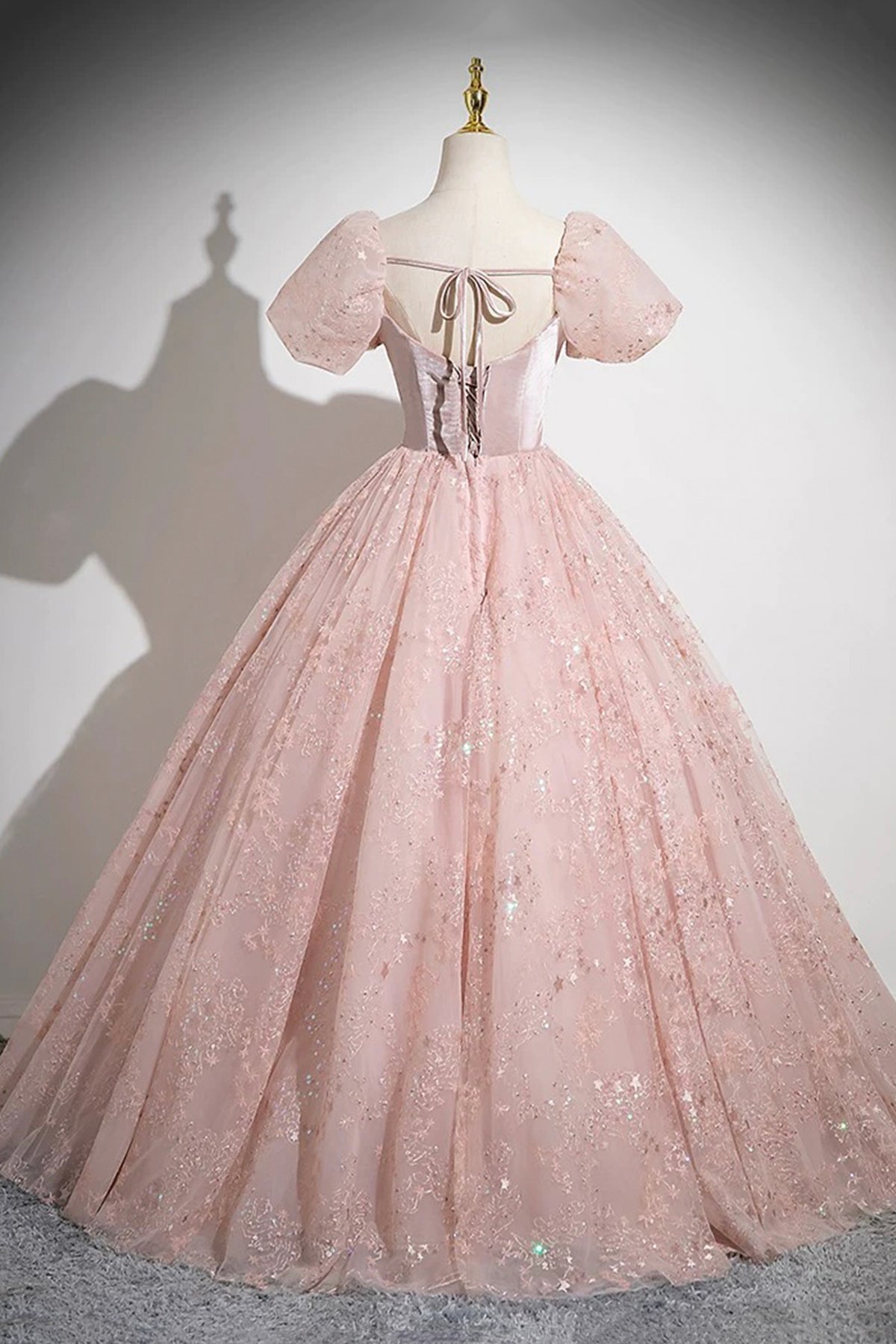 Lovely Blushing Pink Sequins Prom Dresses A-Line Scoop Neck Bow Puffy Short Sleeve Formal Dresses