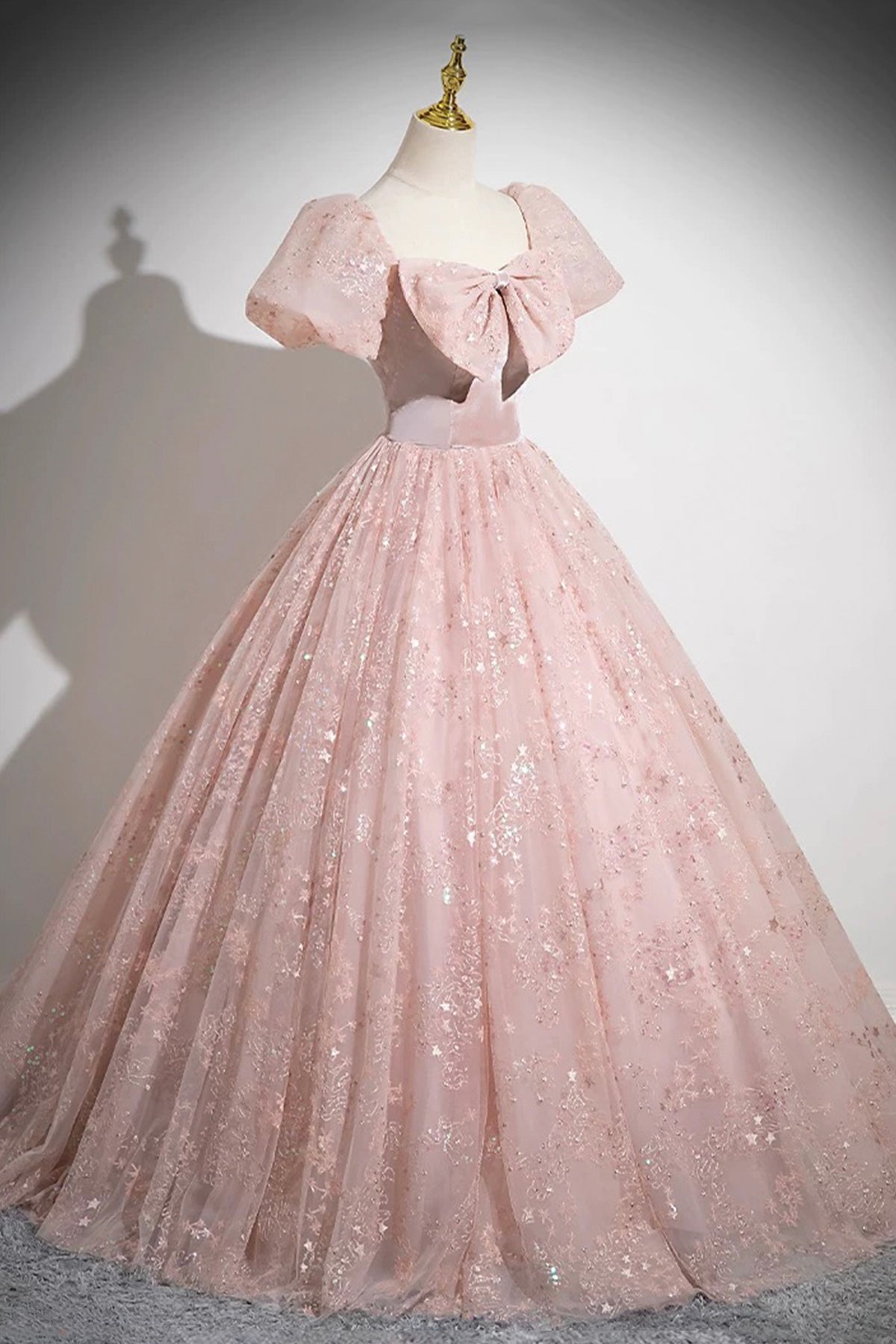 Lovely Blushing Pink Sequins Prom Dresses A-Line Scoop Neck Bow Puffy Short Sleeve Formal Dresses