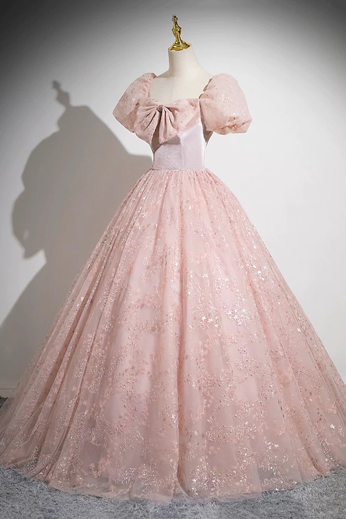 Lovely Blushing Pink Sequins Prom Dresses A-Line Scoop Neck Bow Puffy Short Sleeve Formal Dresses