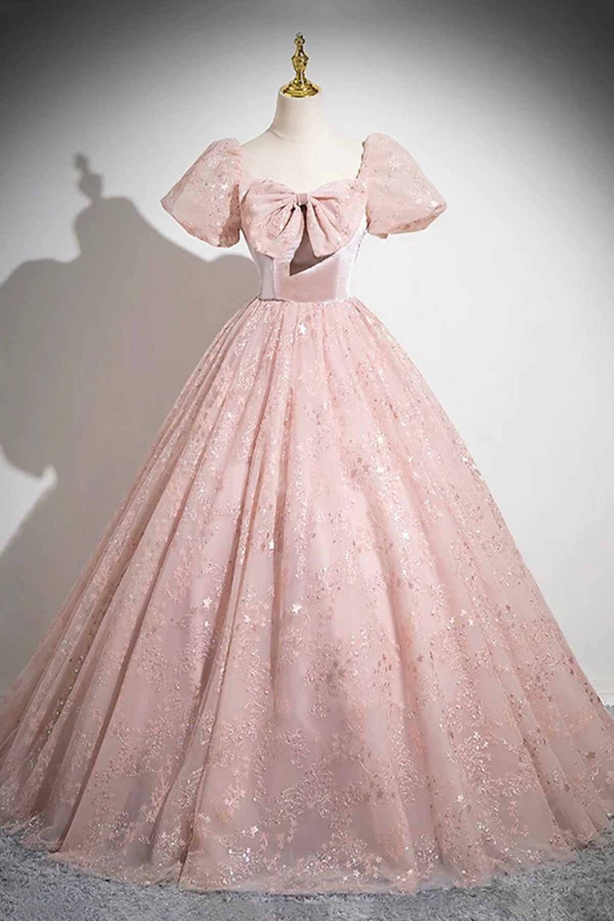 Lovely Blushing Pink Sequins Prom Dresses A-Line Scoop Neck Bow Puffy Short Sleeve Formal Dresses
