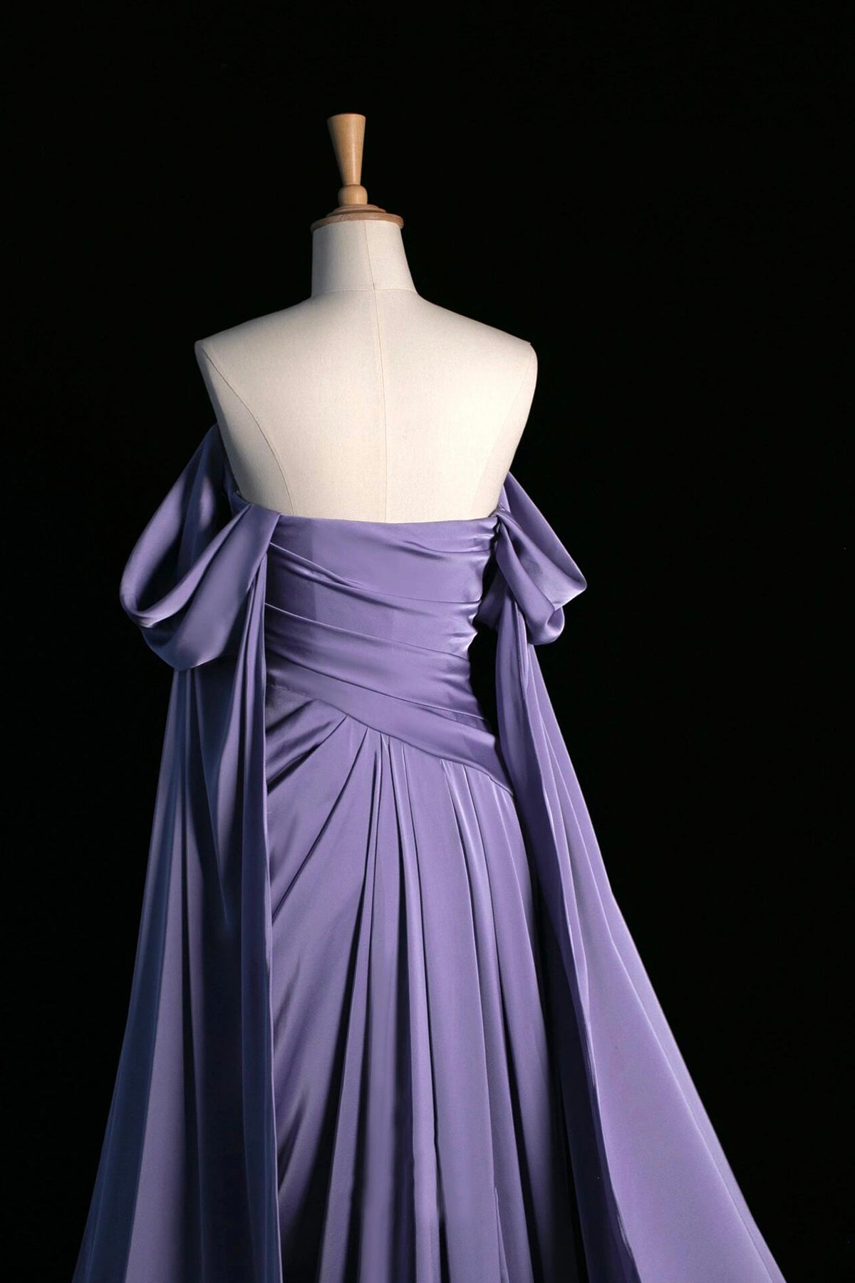 Purple Soft Satin Draped Bodice Formal Party Dresses Off Shoulder Evening Dresses