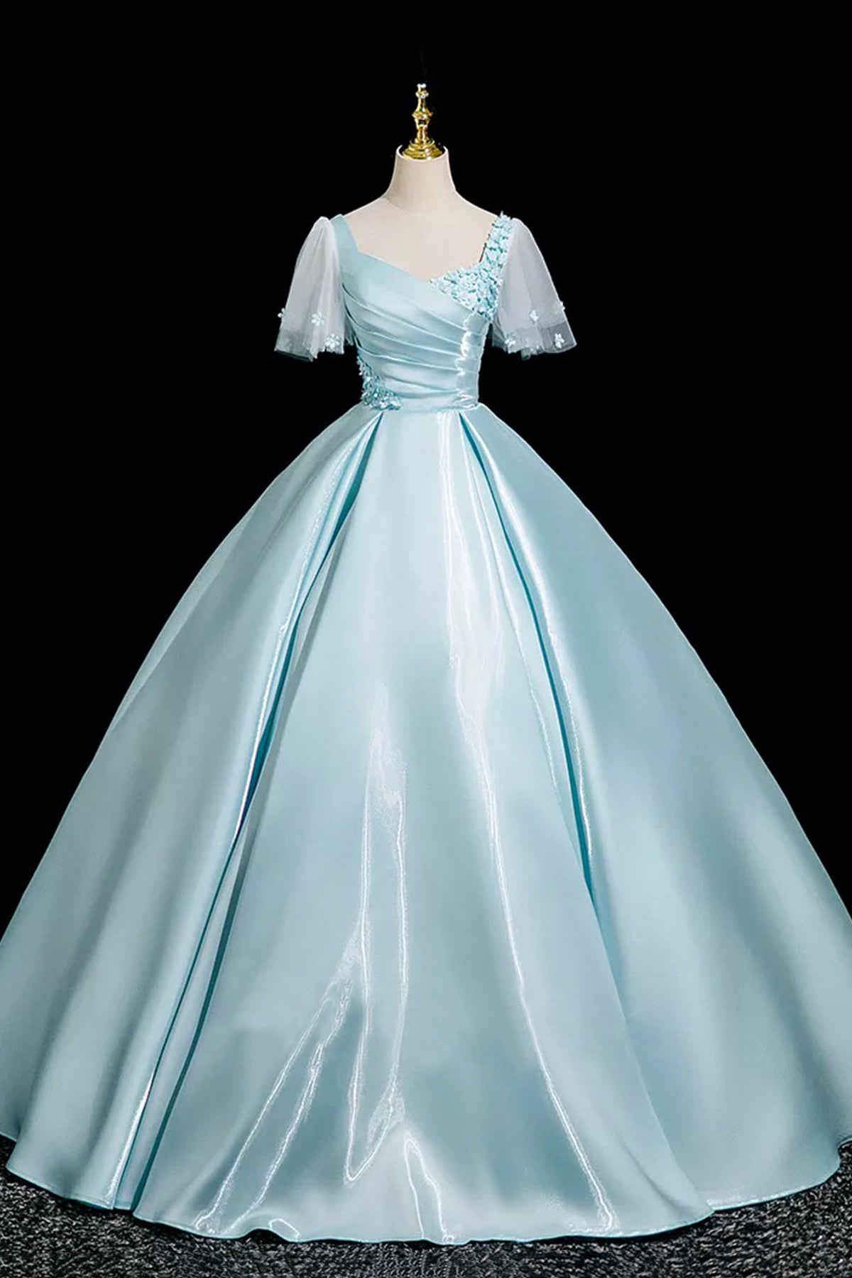 Blue Satin Long A-Line Princess Prom Dress Short Sleeve Flowers Party Dress