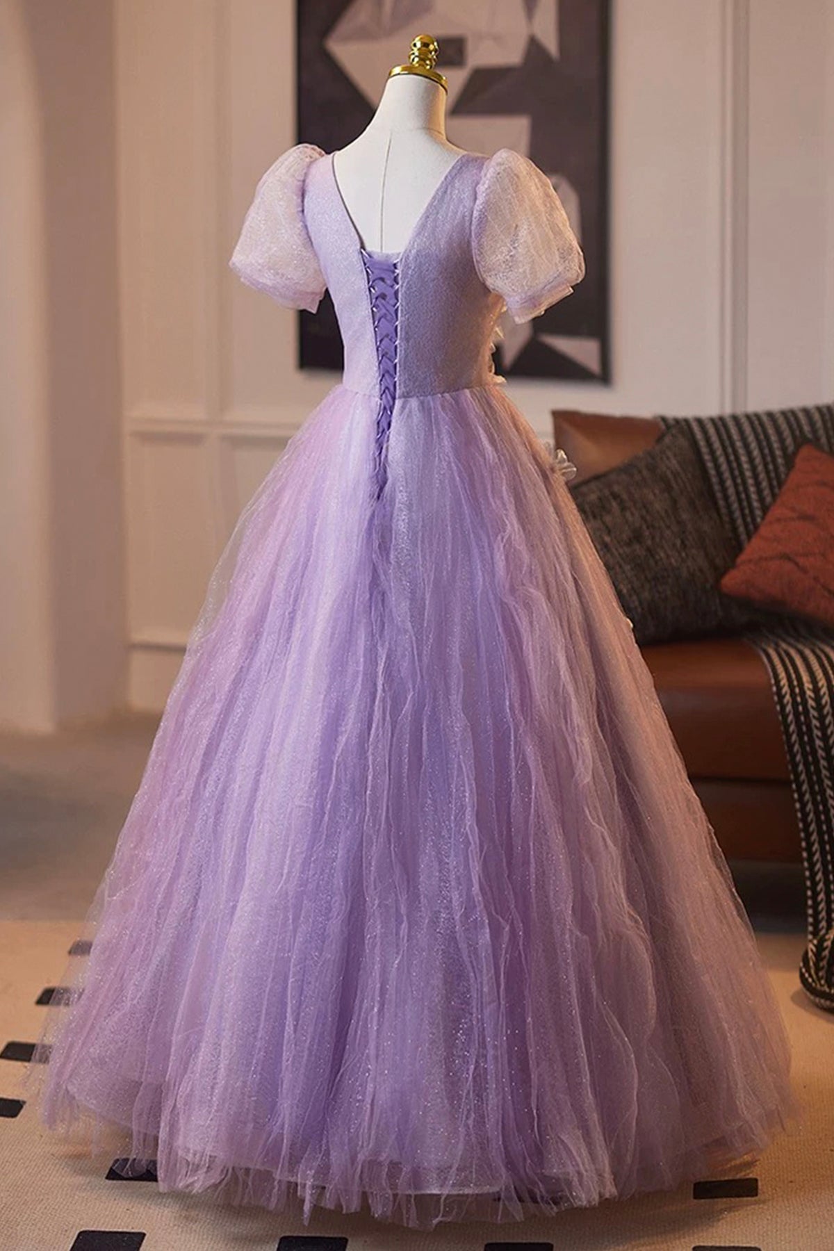 Lavender Sparkly Tulle Princess Prom Dress Short Sleeve 3D Flowers Party Dress