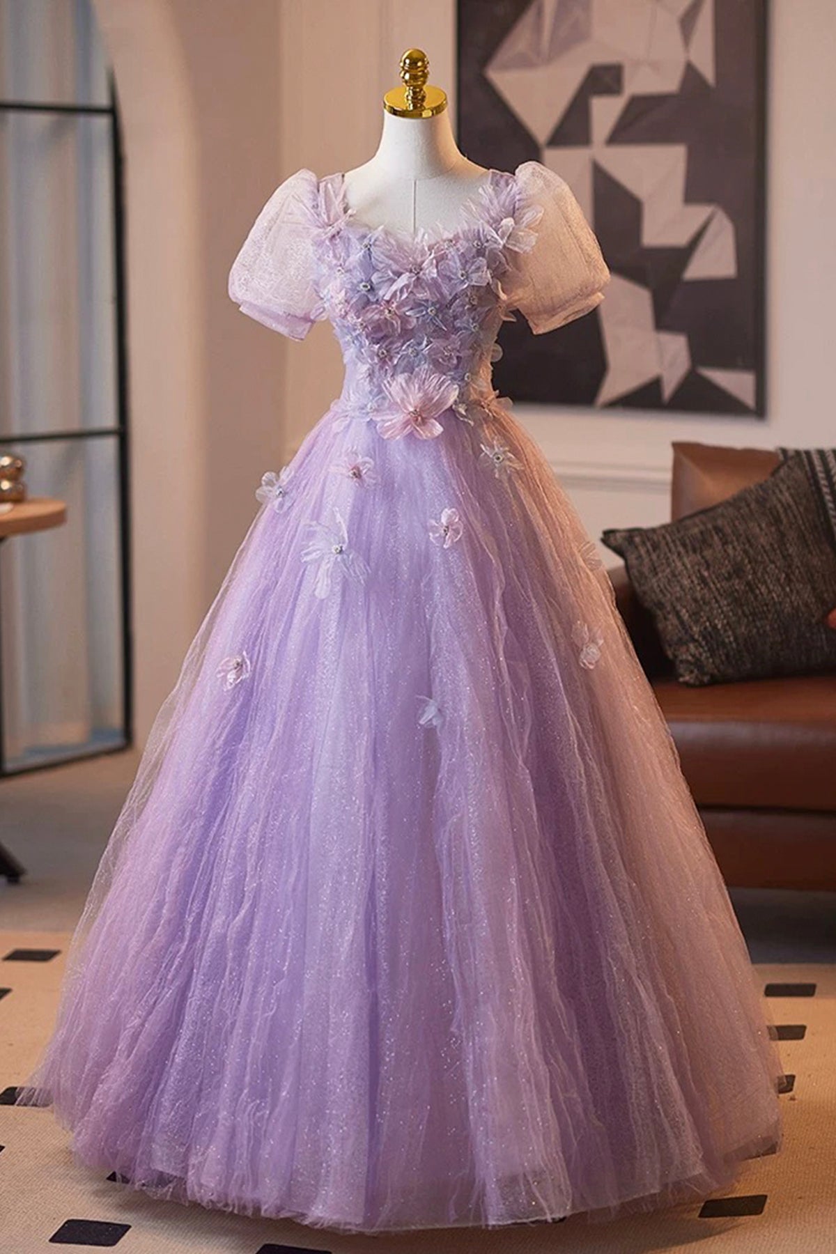 Lavender Sparkly Tulle Princess Prom Dress Short Sleeve 3D Flowers Party Dress