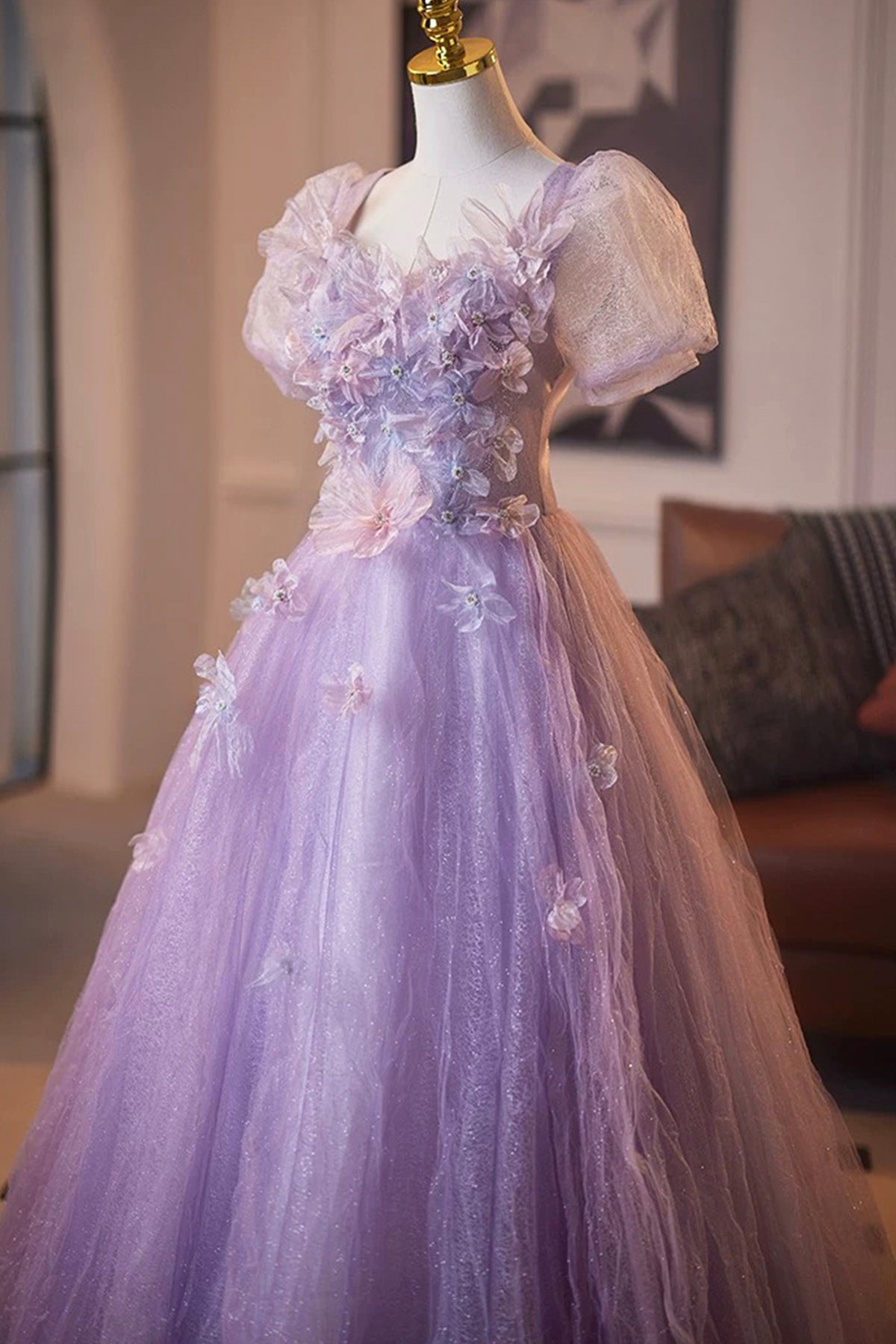Lavender Sparkly Tulle Princess Prom Dress Short Sleeve 3D Flowers Party Dress