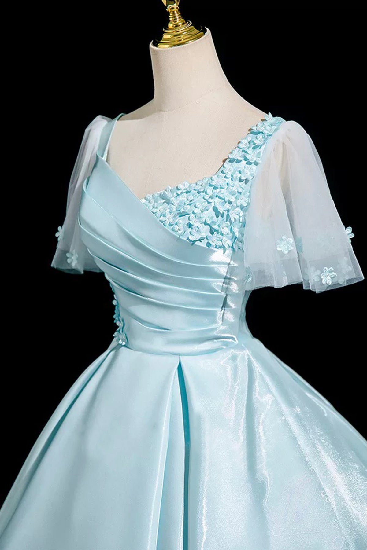 Blue Satin Long A-Line Princess Prom Dress Short Sleeve Flowers Party Dress