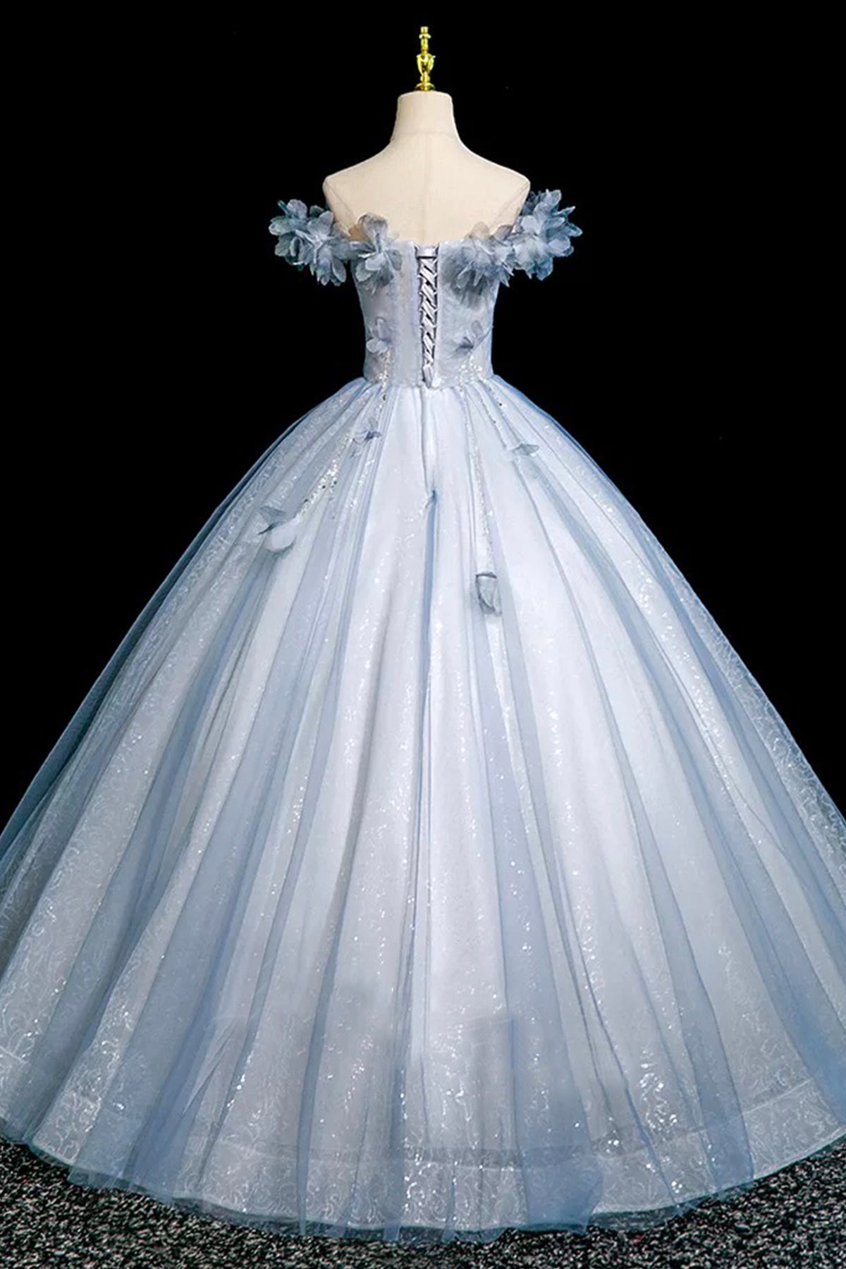 Blue Sparkly Tulle Princess Prom Dress A-Line 3D Flowers Evening Party Dress