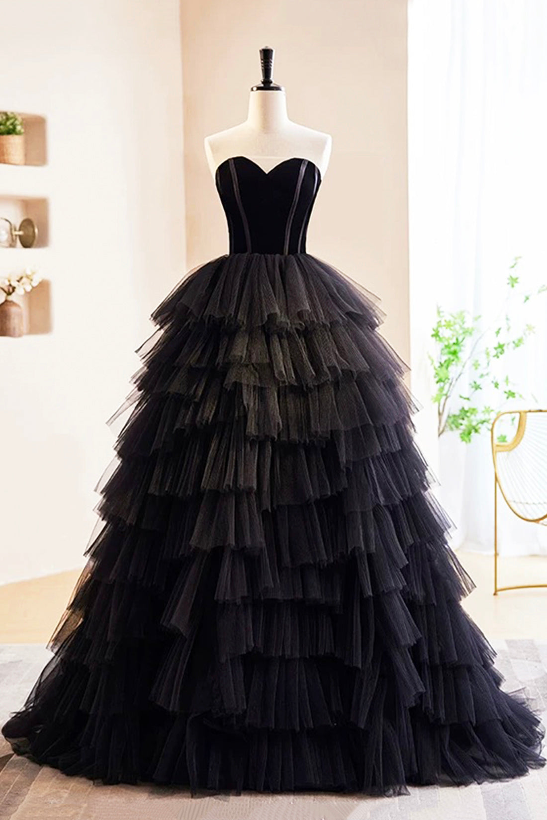 Black Corset Ball Gown Black Velvet and Layered Tulle Formal Dress Off Shoulder Party Dress