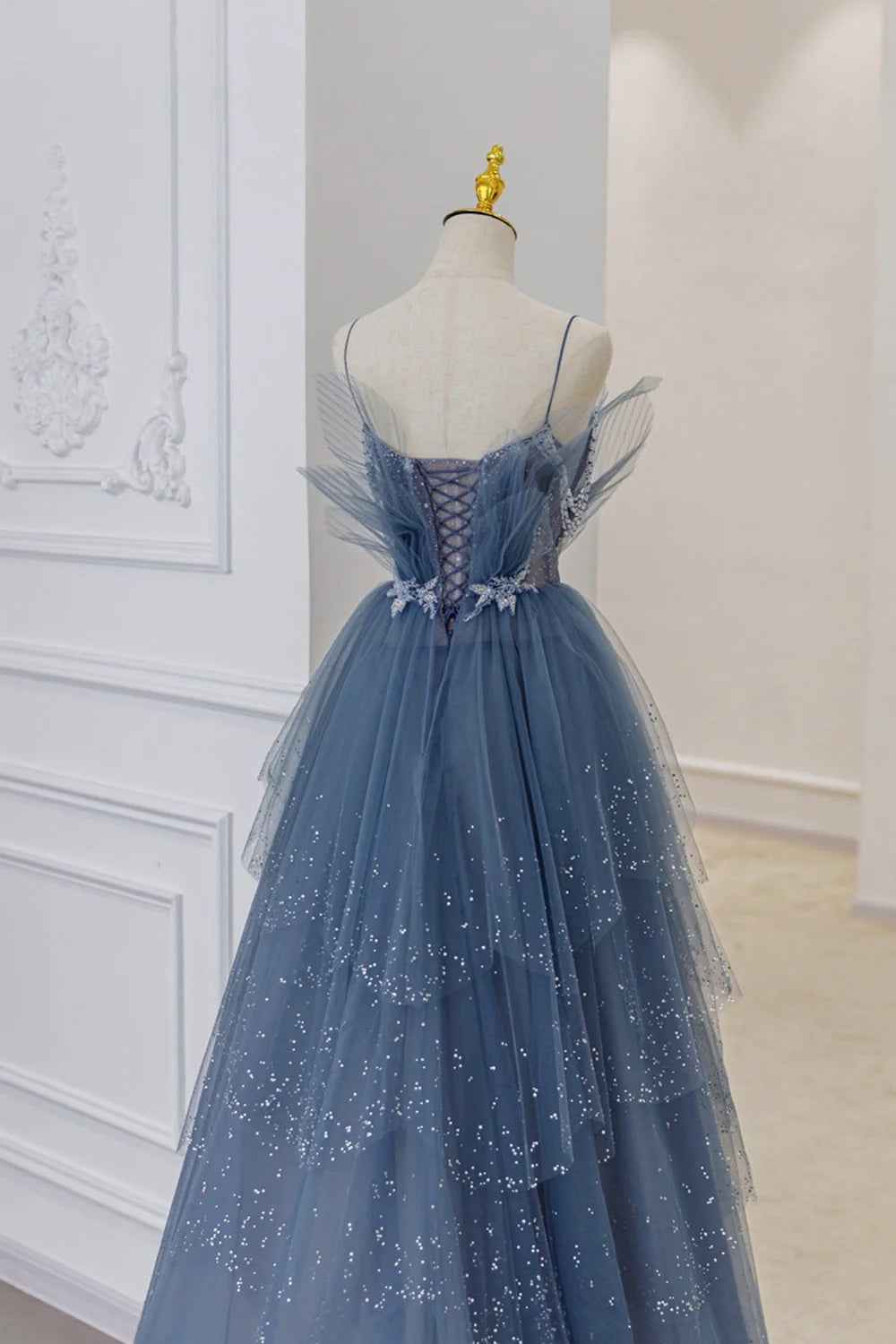 Dusty Blue Tulle Beaded Party Dress Spaghetti Strap Tiered Skirt A-Line Shiny Evening Gown