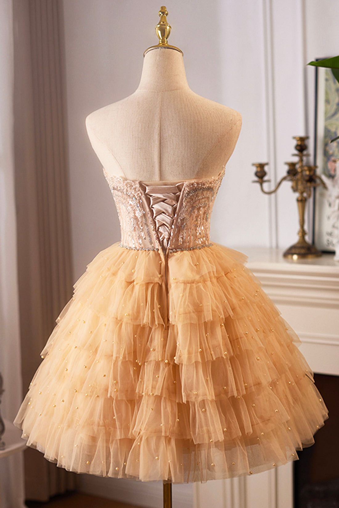 Beige Tulle Straps Tiers Sequins Short Prom Dress Luxury Inlaid Striped Pattern Evening Party Dress