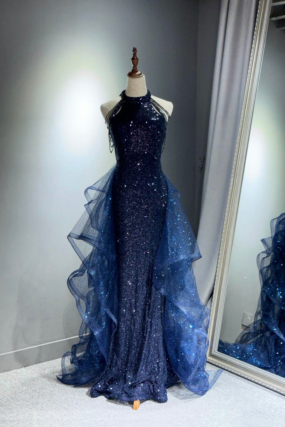 Shiny Navy Tulle Sequins Long Prom Dress Banquet Gown Halter Tulle Ruffles Formal Dress