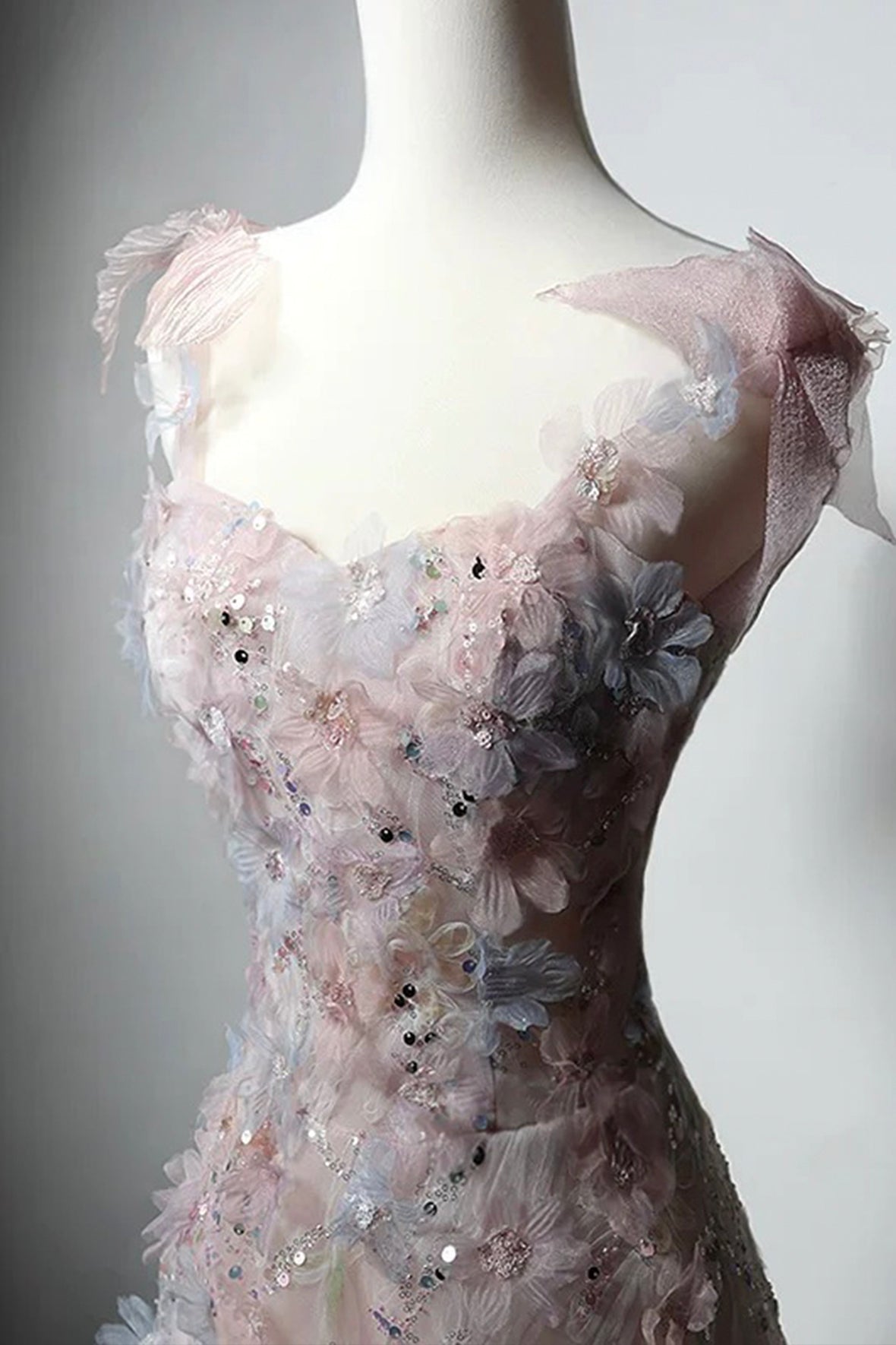 Pink Gorgeous Prom Dresses Flower Sequins Beading Floor Length Formal Dresses