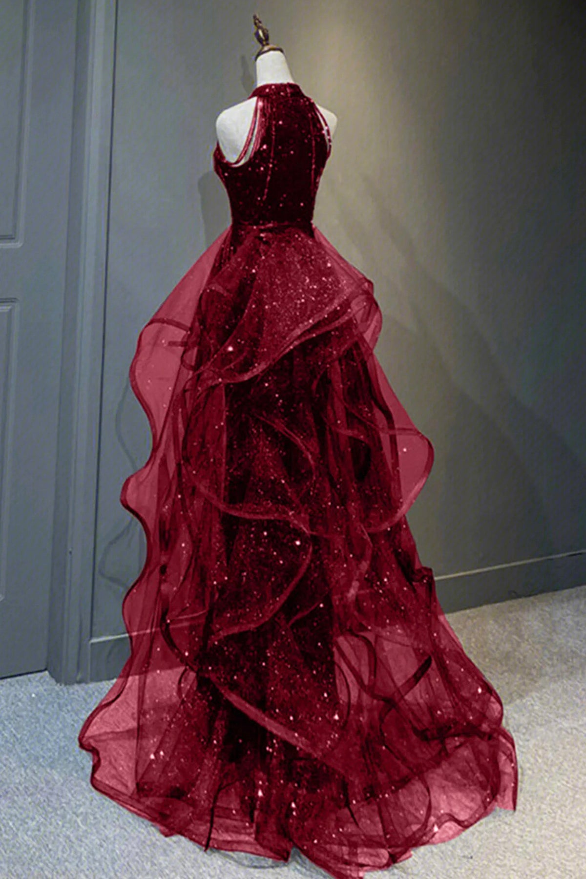 Shiny Burgundy Tulle Sequins Long Prom Dress Banquet Gown Halter Tulle Ruffles Formal Dress