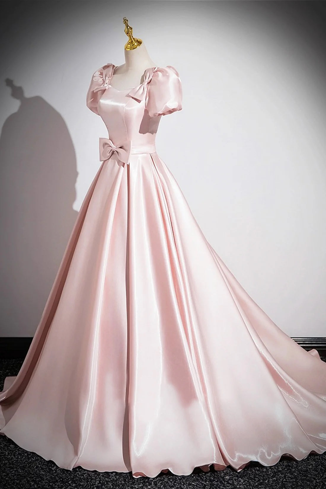 Charming Pink Satin Floor Length A-Line Evening Formal Dress Women's Party Dress with Bow