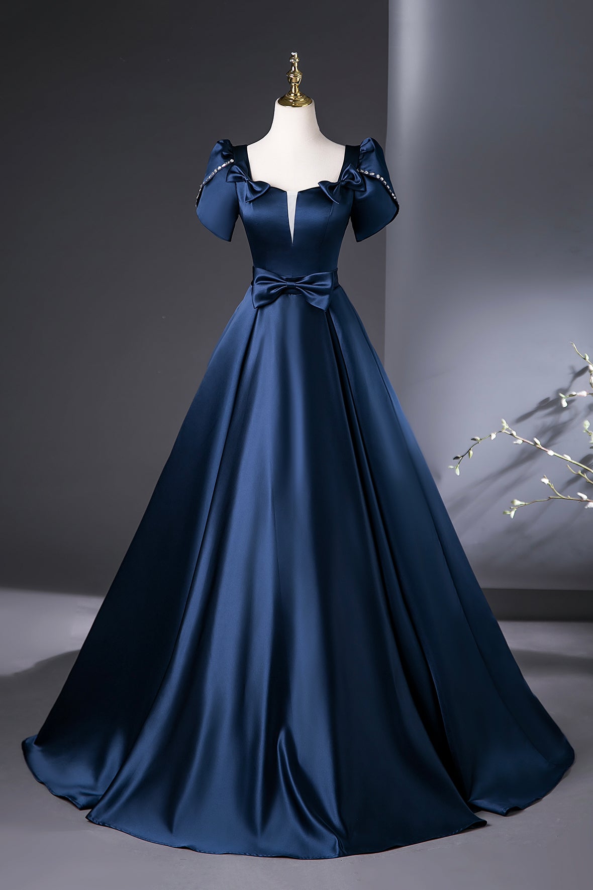 Elegant Satin Long Formal Dress Blue Short Sleeve Princess Evening Dress with Bow
