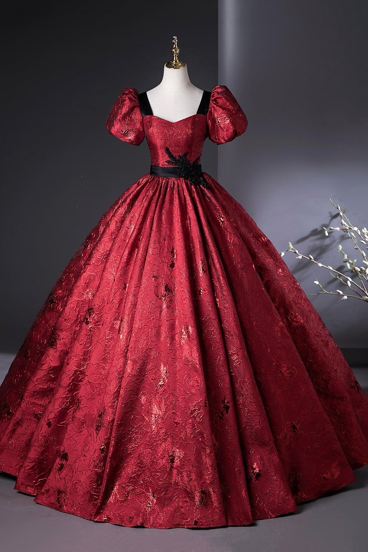Elegant Burgundy Printing Backless Prom Dress A-Line Off Shoulder Floor-Length Formal Dress