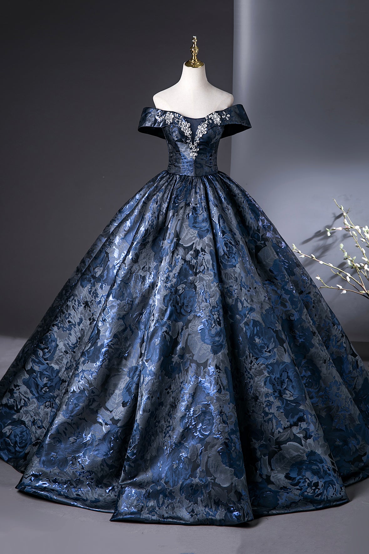 Retro Navy Blue Printing Formal Dresses Ball Gown Off the Shoulder Prom Dresses