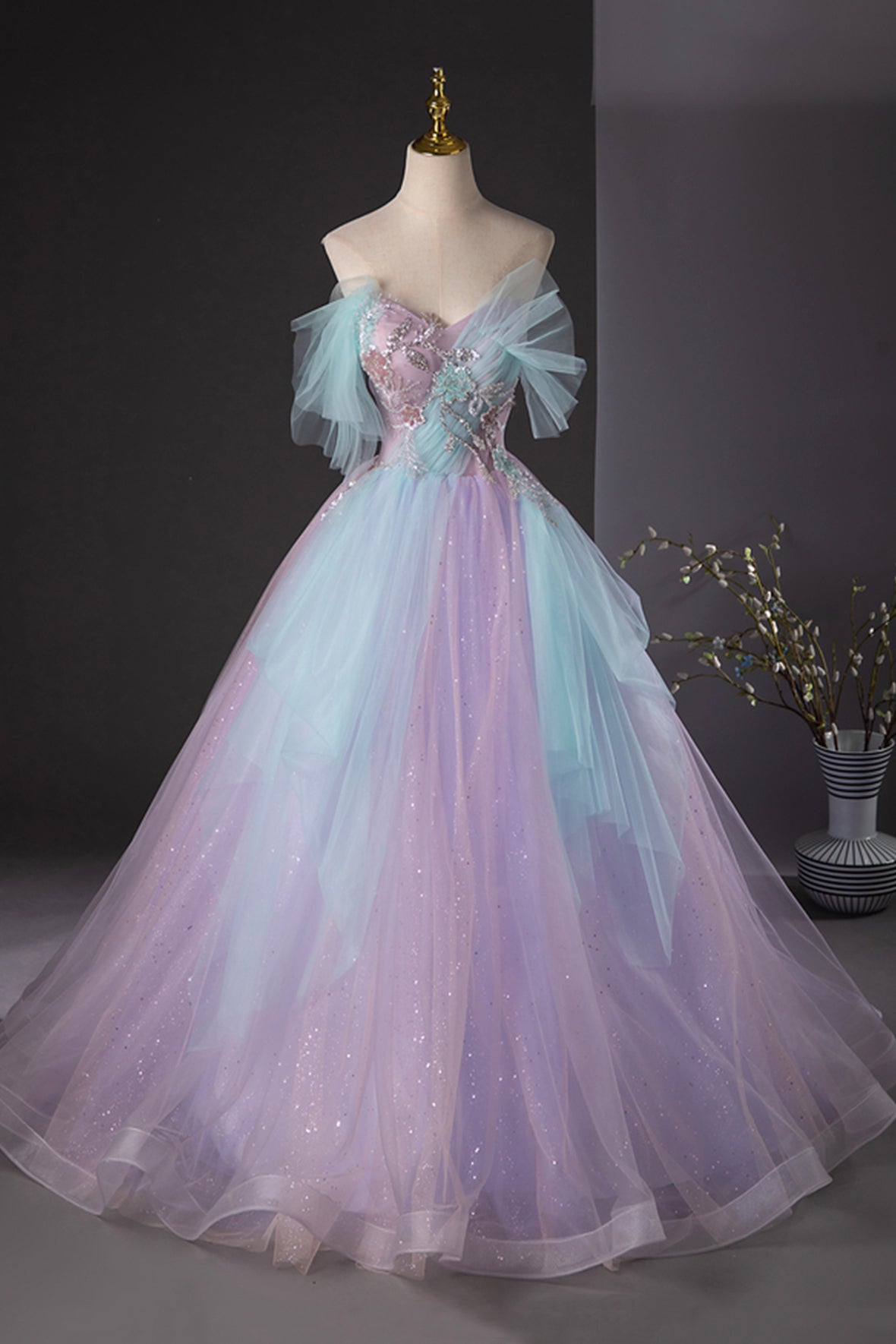 Lavender and Blue Tulle Sequins Floor Length Prom Princess Dresses