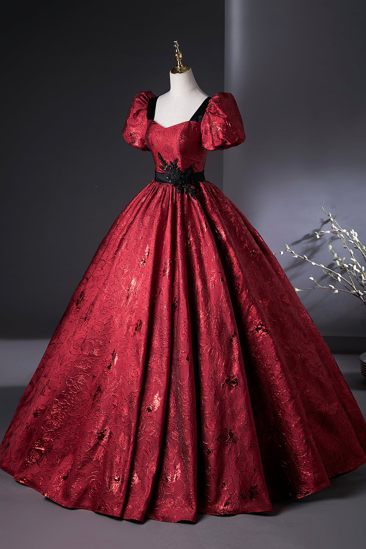 Elegant Burgundy Printing Backless Prom Dress A-Line Off Shoulder Floor-Length Formal Dress