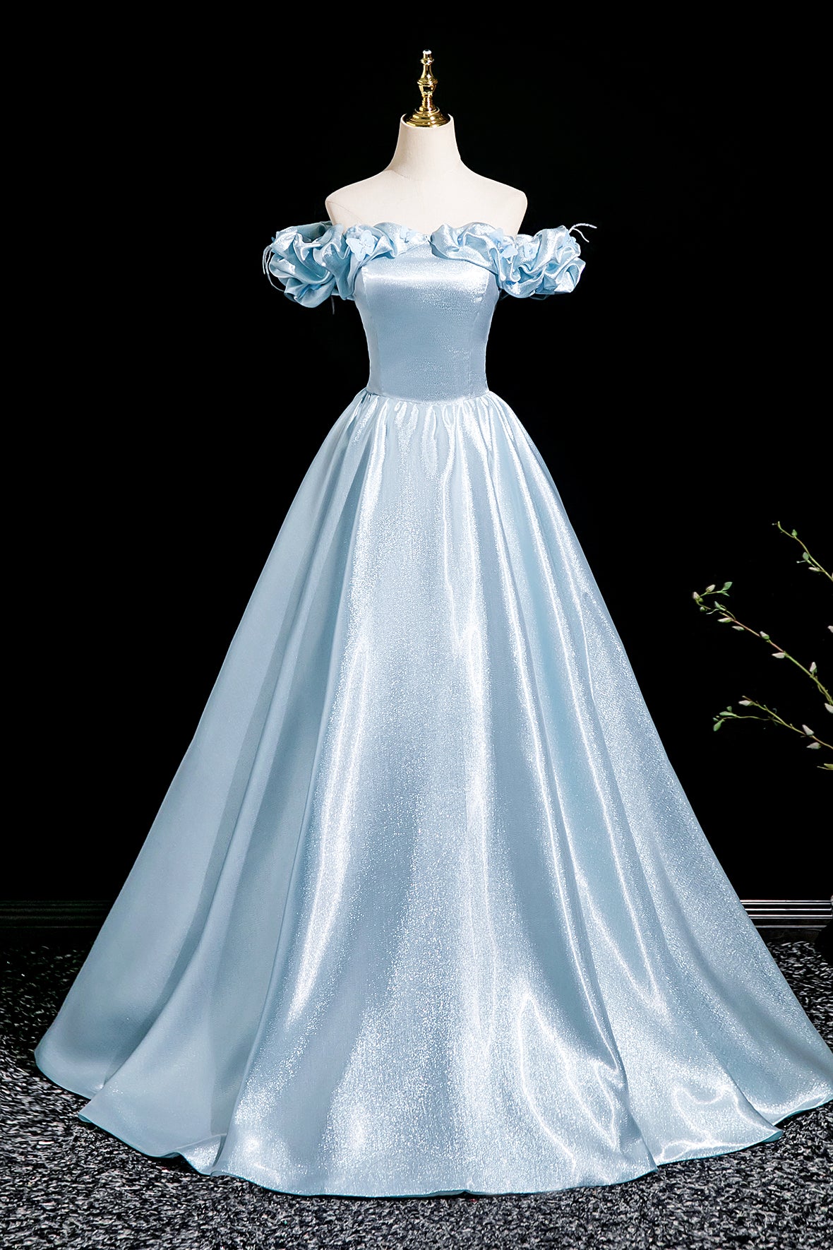 Blue Evening Dress A Line Off Shoulder Prom Dress Blue Satin Party Dress