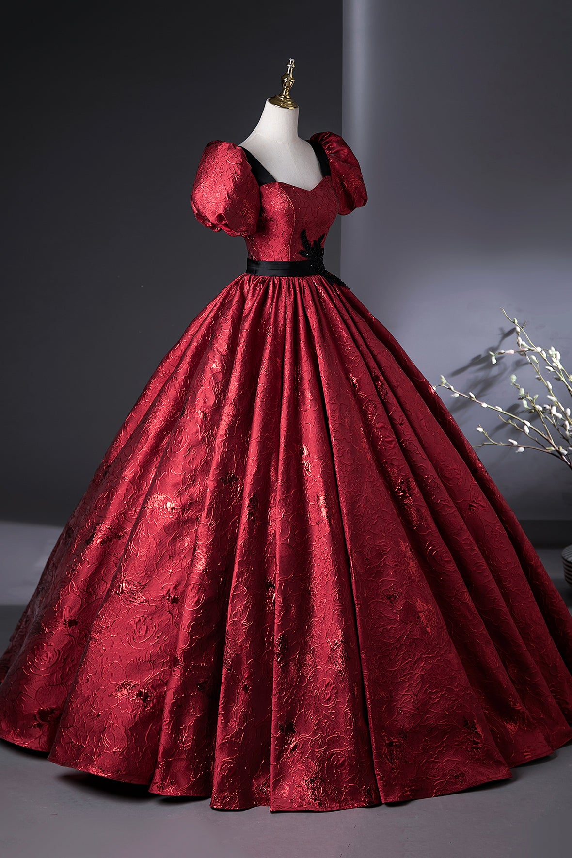 Elegant Burgundy Printing Backless Prom Dress A-Line Off Shoulder Floor-Length Formal Dress