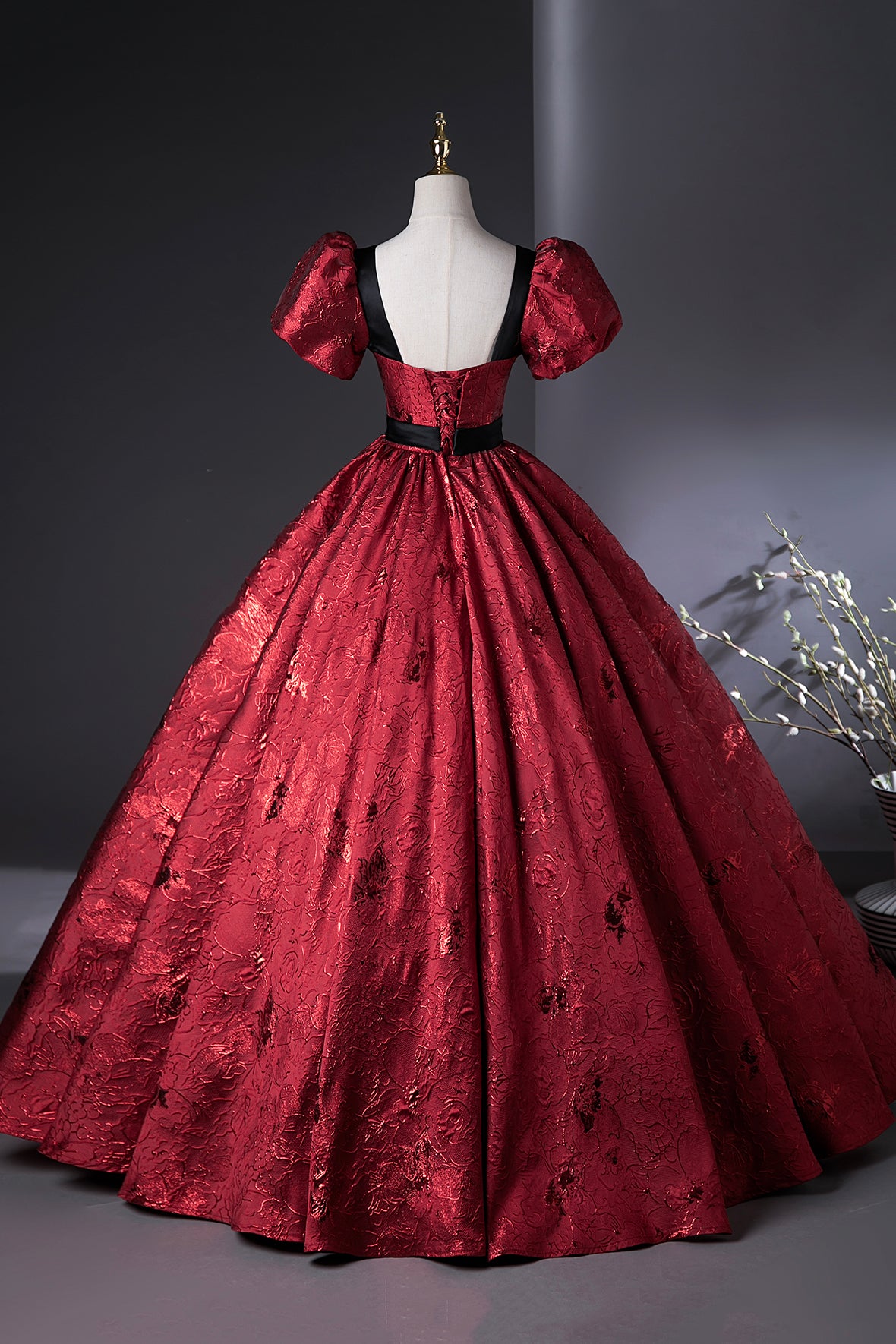 Elegant Burgundy Printing Backless Prom Dress A-Line Off Shoulder Floor-Length Formal Dress