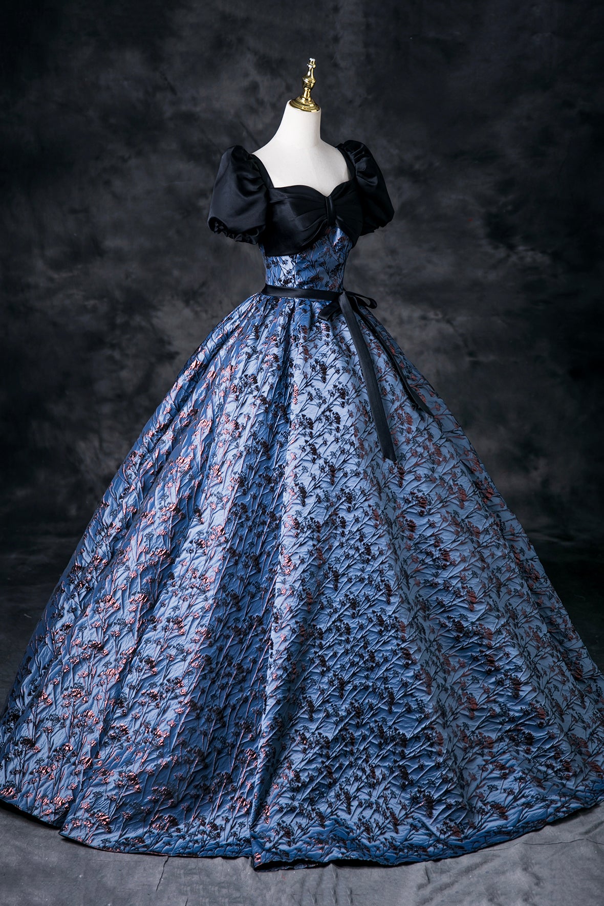 Retro Blue Printing Prom Dress A-Line Short Sleeve Sash Floor-Length Prom Formal Dress