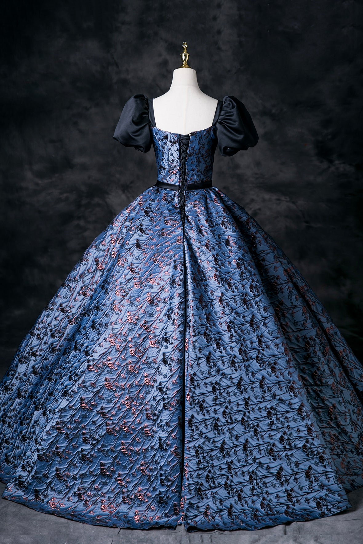 Retro Blue Printing Prom Dress A-Line Short Sleeve Sash Floor-Length Prom Formal Dress