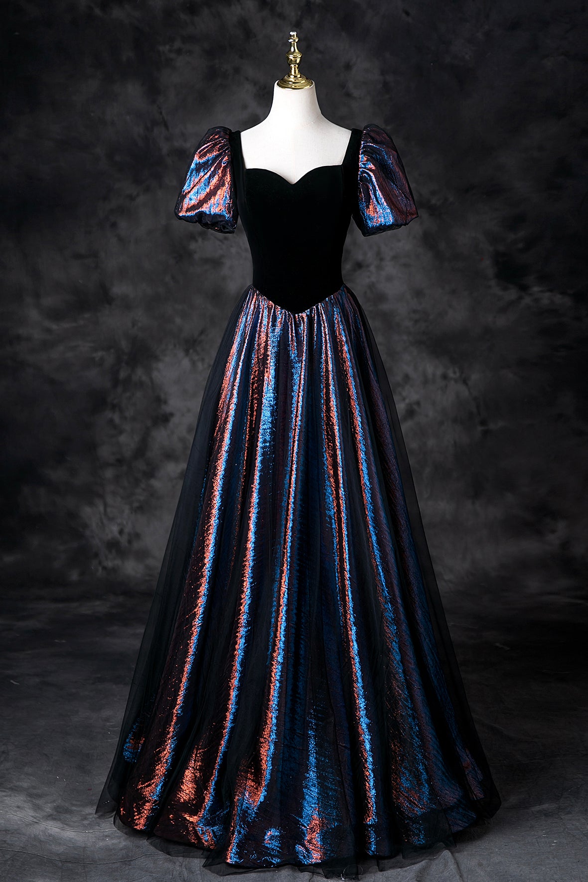 Black Multi-Colors Prom Dresses A-Line Short Sleeve Backless Formal Dresses