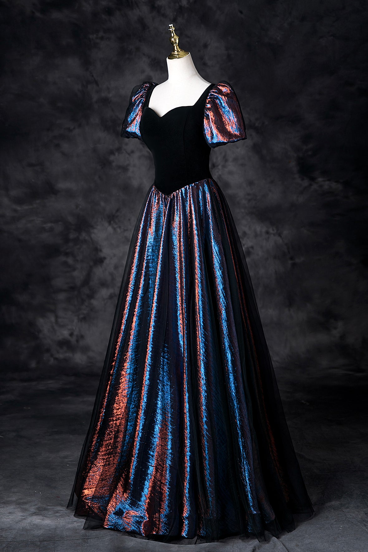 Black Multi-Colors Prom Dresses A-Line Short Sleeve Backless Formal Dresses