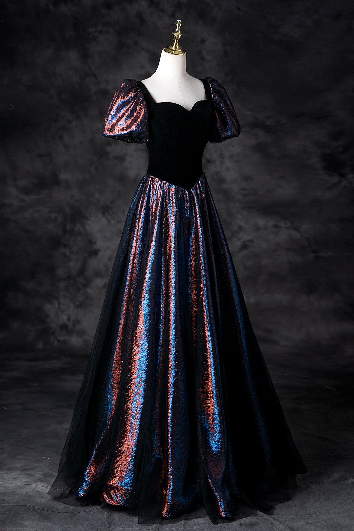 Black Multi-Colors Prom Dresses A-Line Short Sleeve Backless Formal Dresses