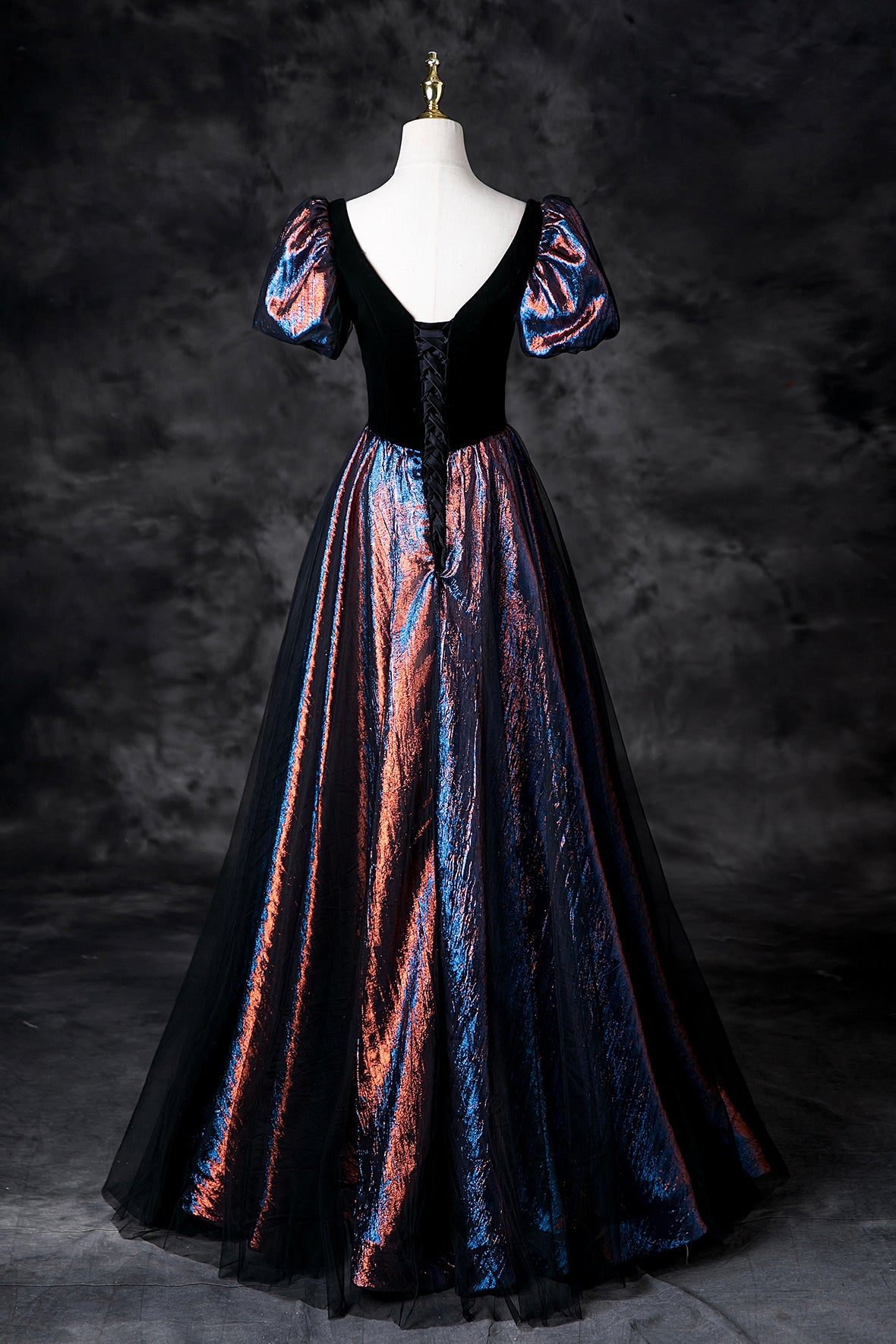 Black Multi-Colors Prom Dresses A-Line Short Sleeve Backless Formal Dresses