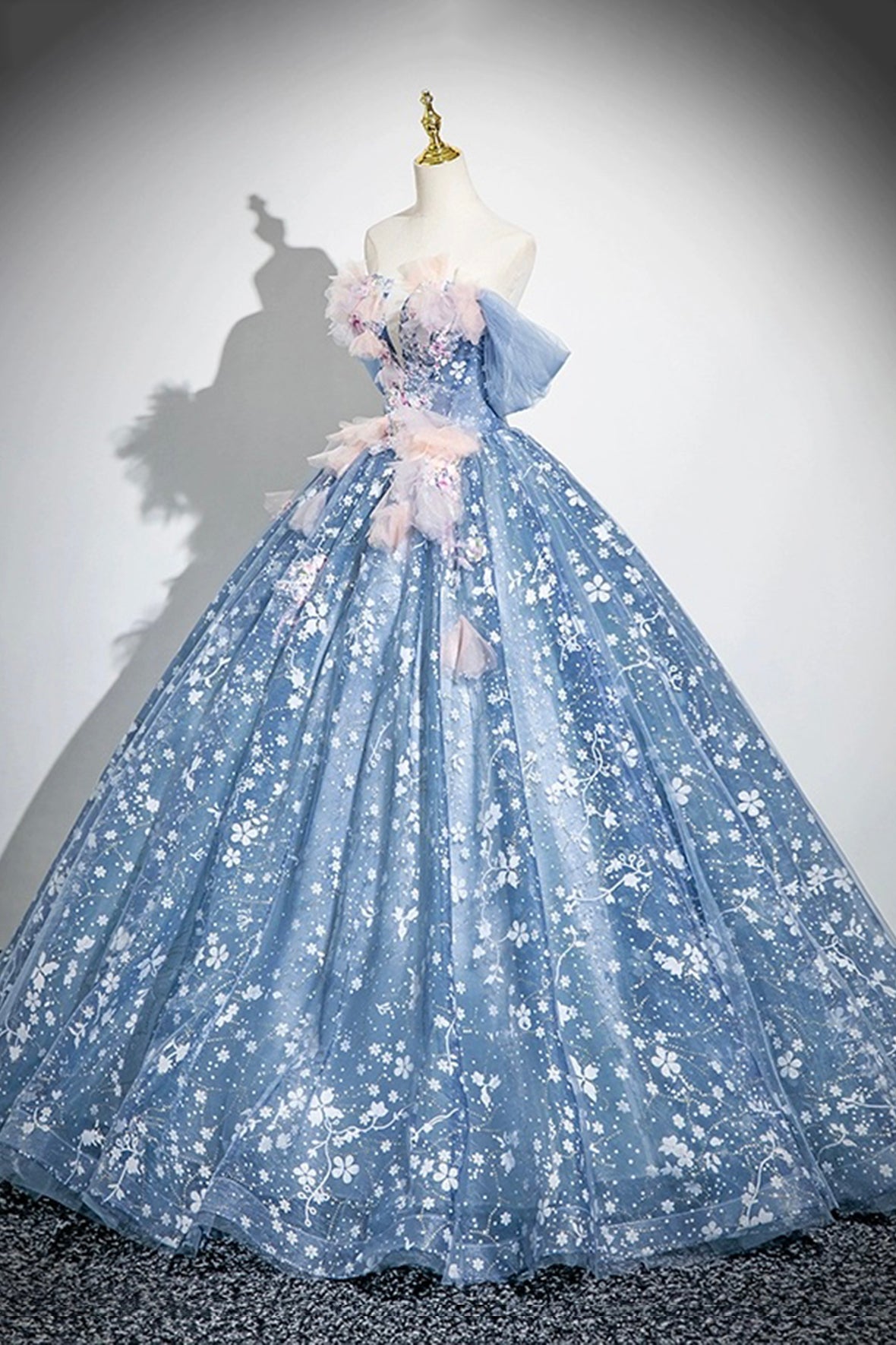Princess Dress Blue Flower Floor Length Prom Dress Off the Shoulder Fairy Party Dress