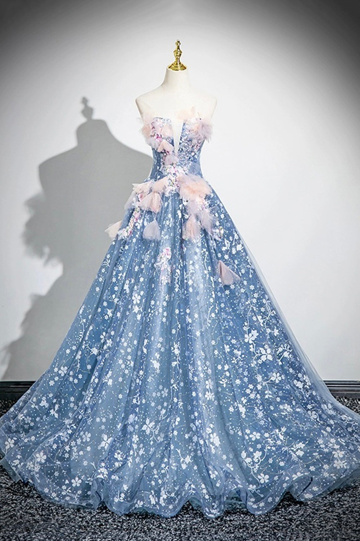 Princess Dress Blue Flower Floor Length Prom Dress Off the Shoulder Fairy Party Dress