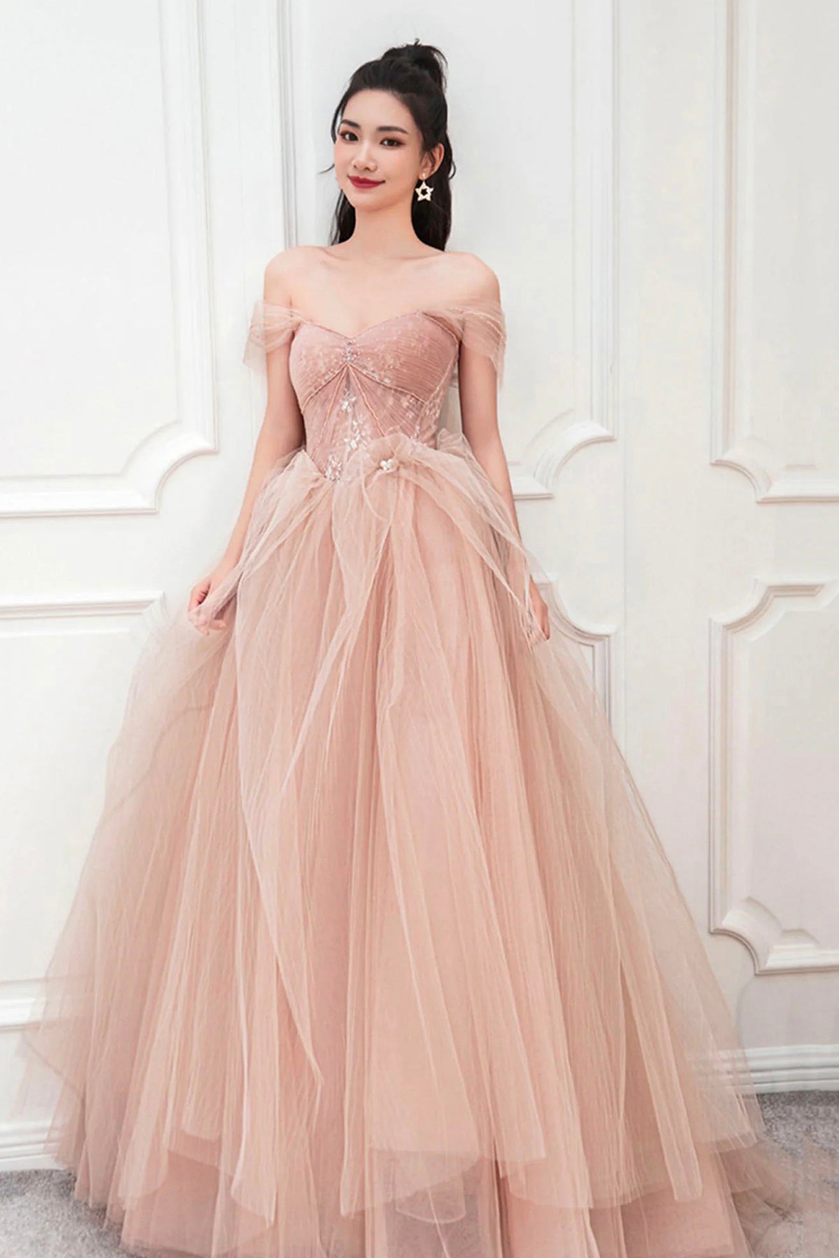 Beautiful Pink Off Shoulder Prom Dress A-Line Princess Tulle Floor Length Formal Dress