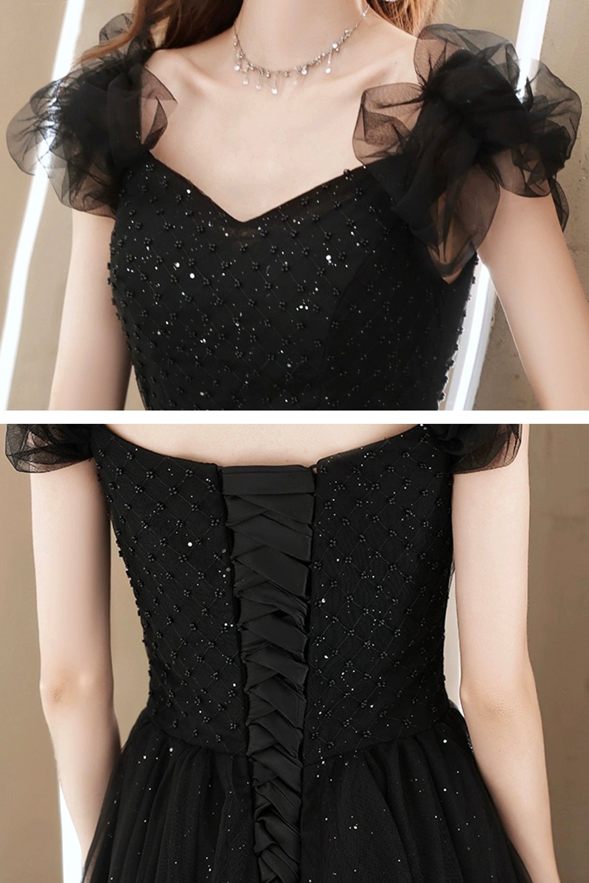 Black Party Dress Glitter Tulle Prom Dress Black V-Neck Floor Length Evening Party Dress