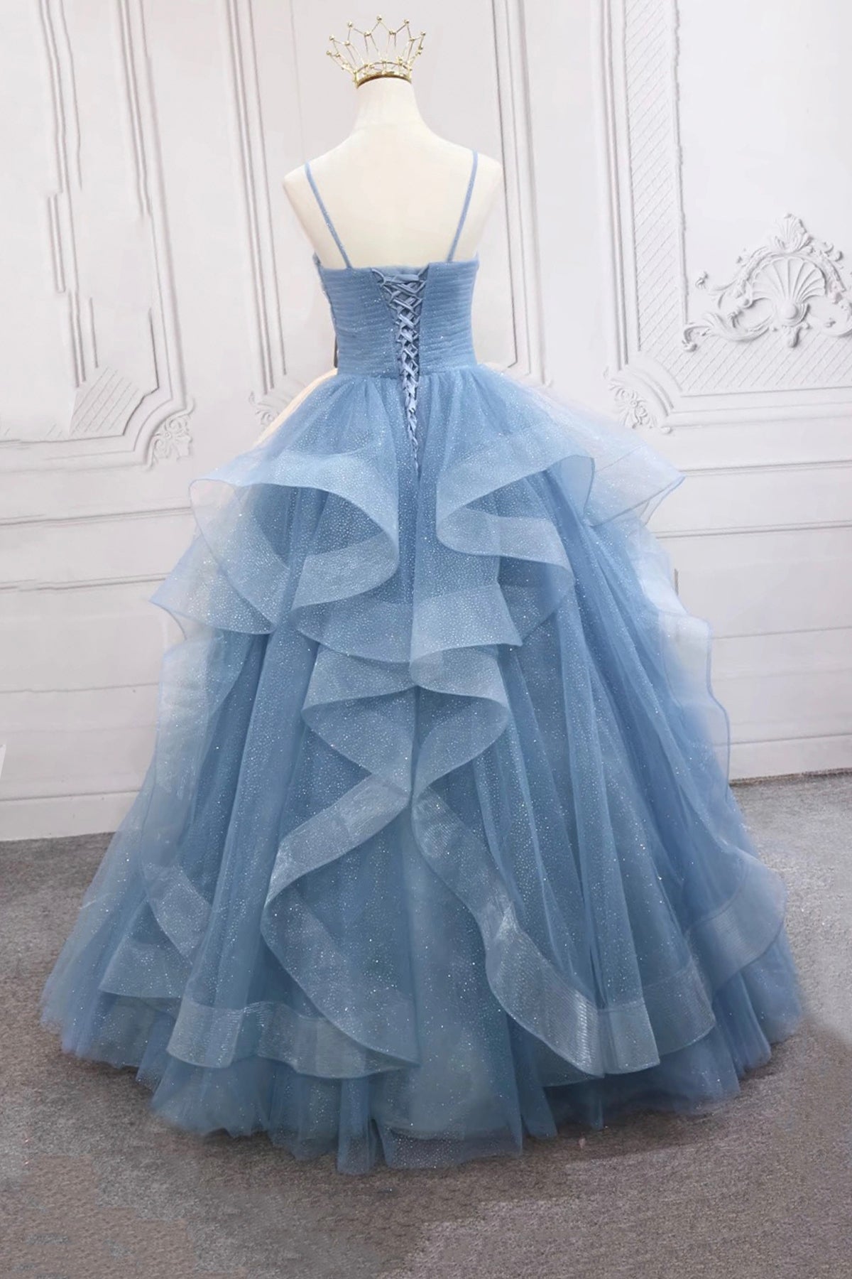 Blue V-Neck Layered Glitter Tulle Prom Dress Spaghetti Strap Floor Length Evening Party Dress
