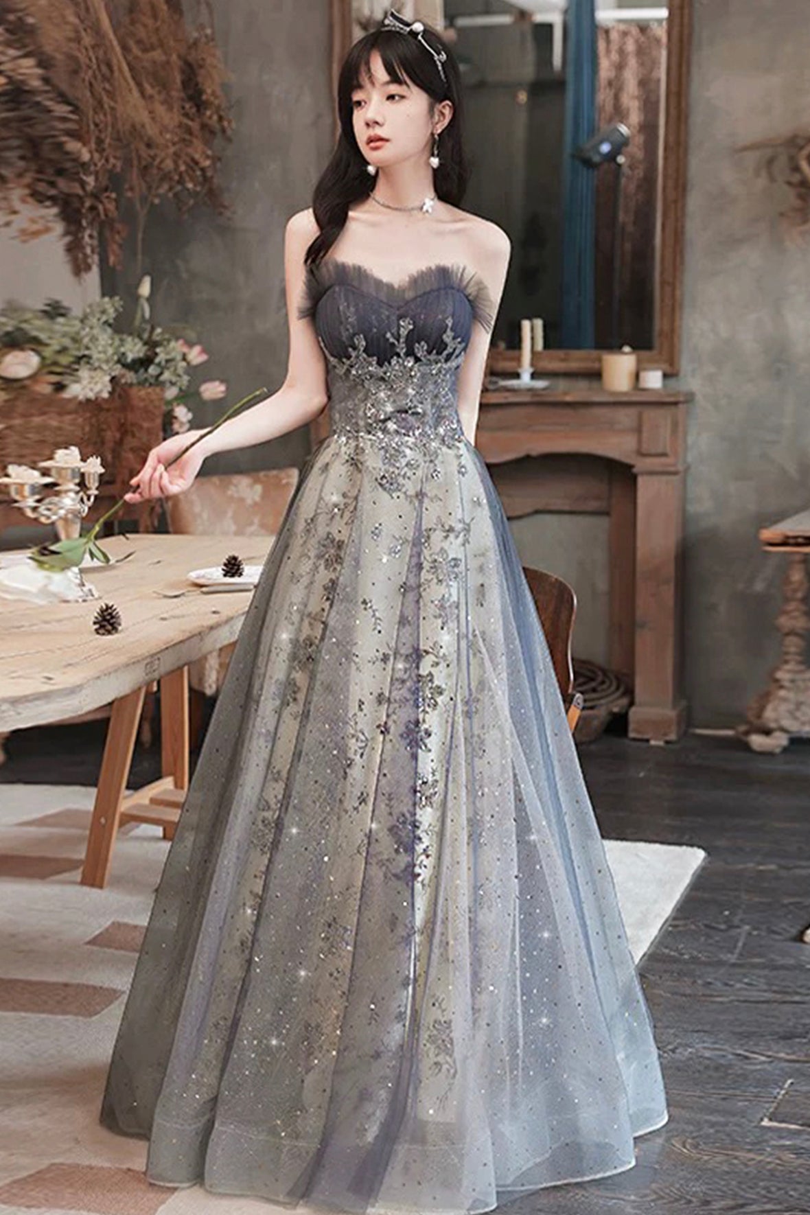 Grey Corset Evening Dress Grey Princess Formal Dress A-Line Tulle Sequins Party Gown
