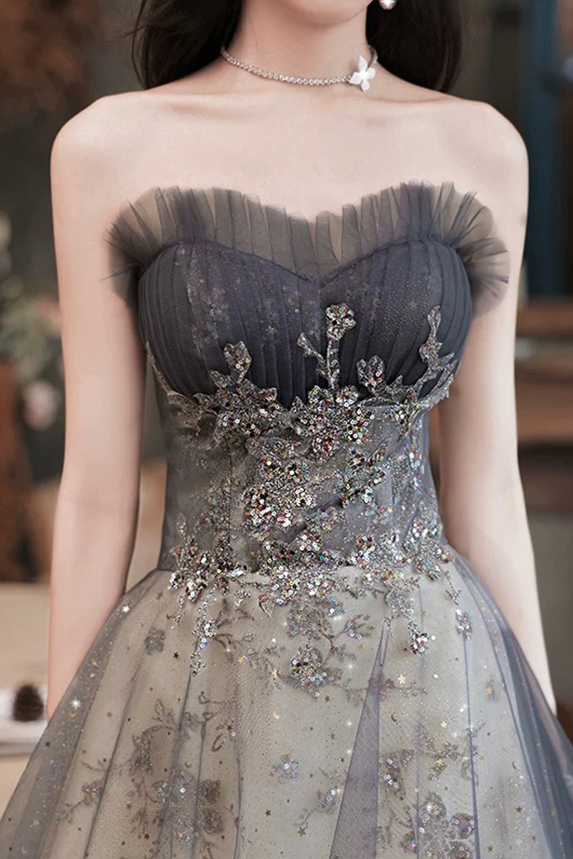 Grey Corset Evening Dress Grey Princess Formal Dress A-Line Tulle Sequins Party Gown