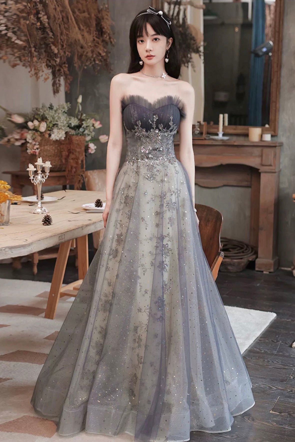 Grey Corset Evening Dress Grey Princess Formal Dress A-Line Tulle Sequins Party Gown