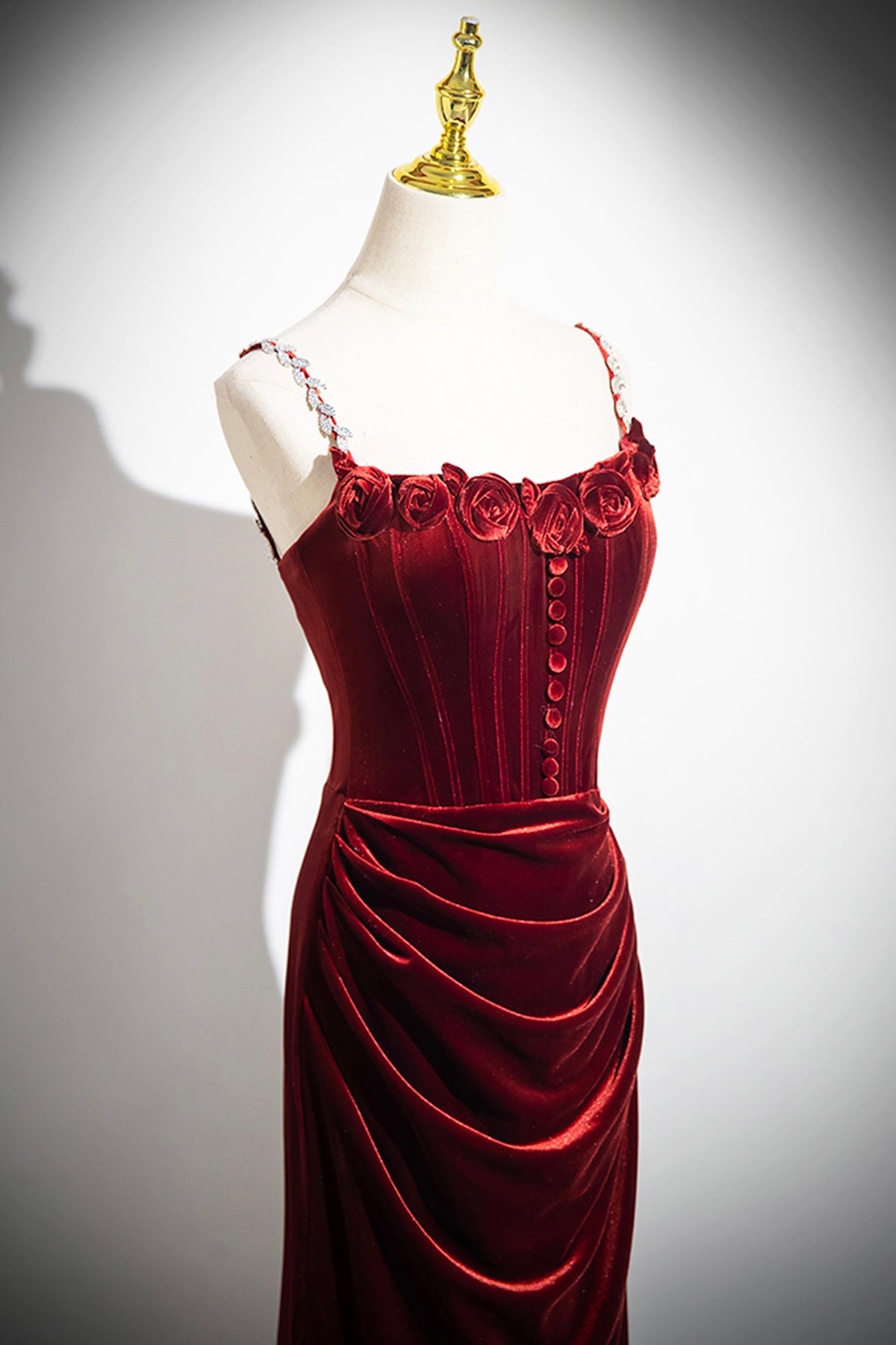 Elegant Velvet Flower Evening Dress Burgundy Mermaid Spaghetti Straps Sweep Train Party Formal Dress