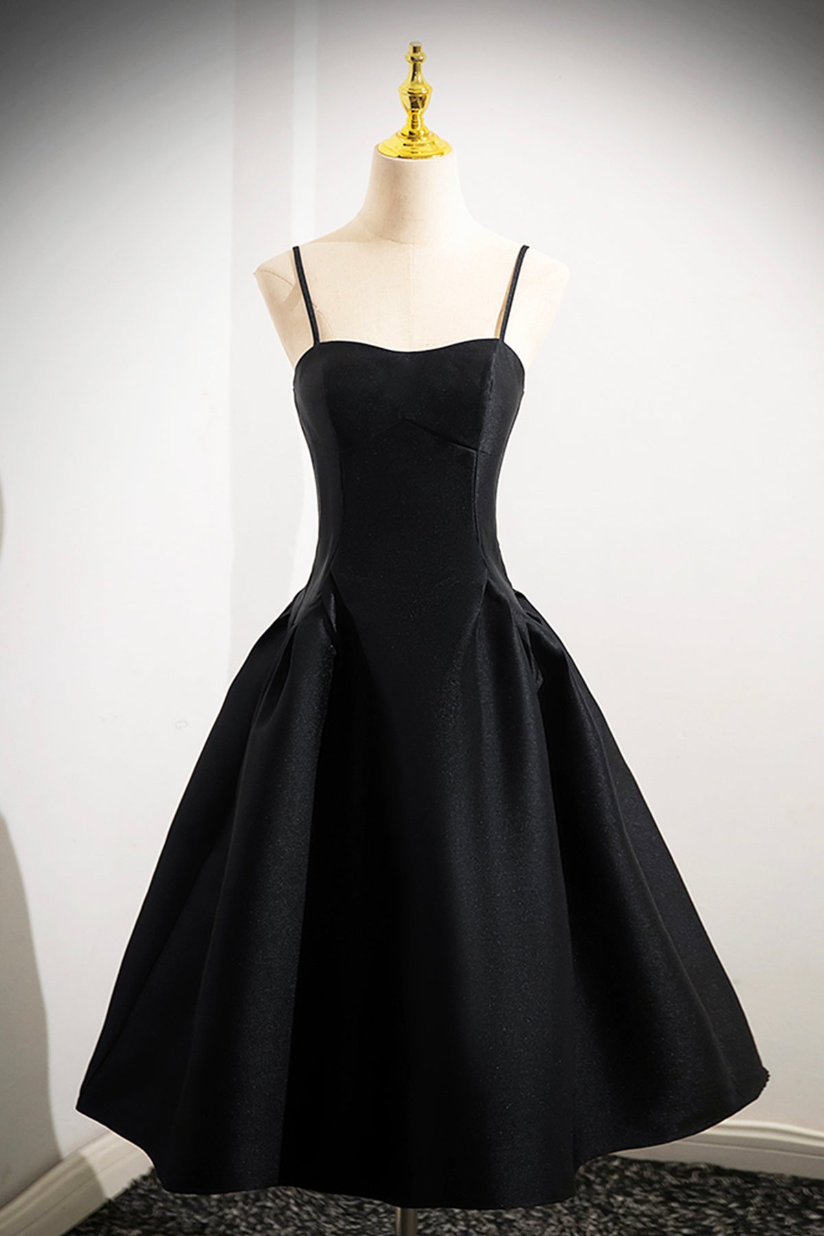 Black Satin Spaghetti Strap A-Line Evening Formal Dress Black Knee Length Party Dress